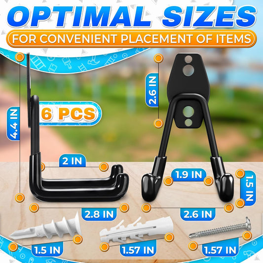6Pcs Garage Hooks Heavy Duty - Wall Storage Organizer, Black Utility Hooks for Hanging Garden Tools, Hoses and Extension Cords, Steel Hooks, Easy to Install for Garage, Shed or Basement Organization