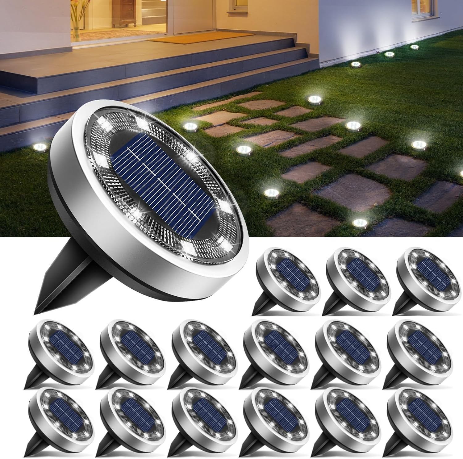 btfarm 16 Pack Solar Lights Outdoor, 8 LED Solar Ground Lights IP65 Wa