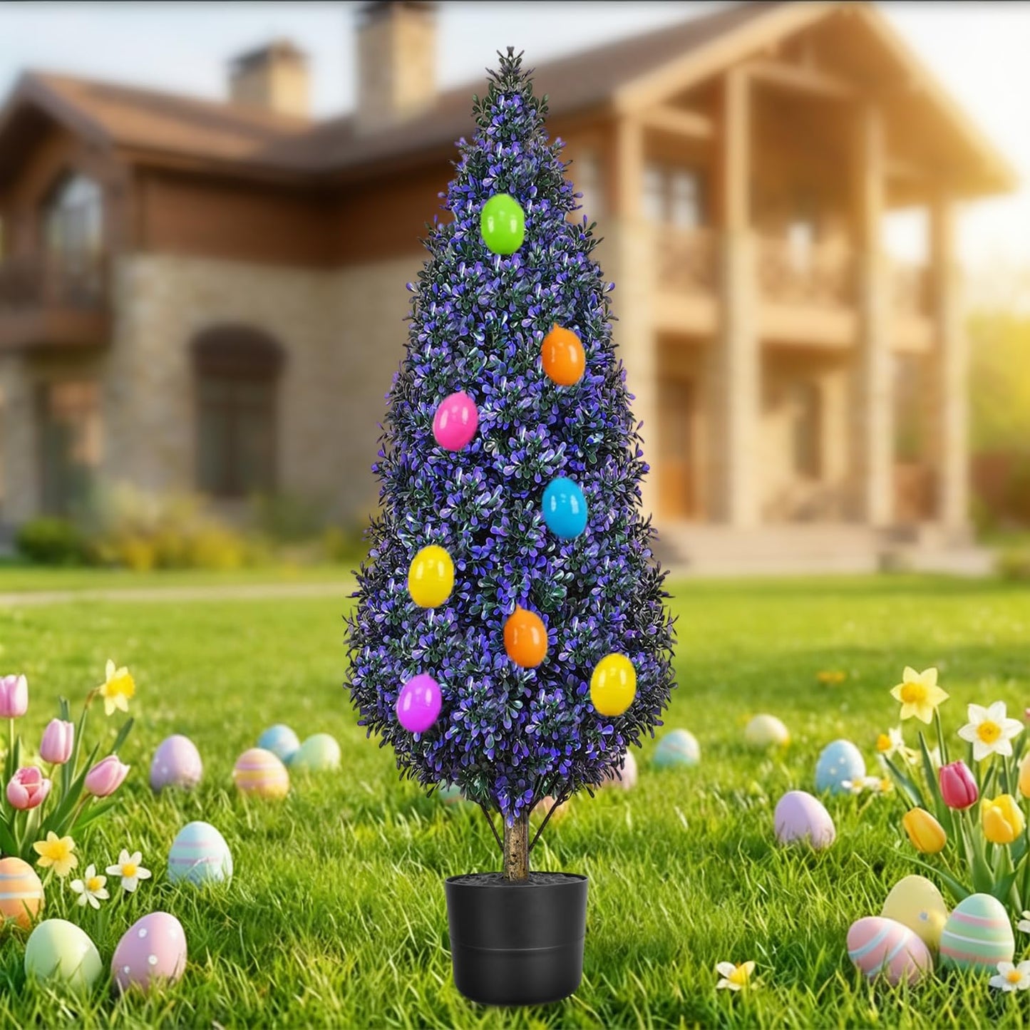 Easter Artificial Topiary Lavender Tree Plants Tree with Coloful Eggs, 3FT Outdoor Fake Boxwood with Planter & Spikes, UV Resistant Faux Greenery for Indoor Porch Office Spring Decor- Purple