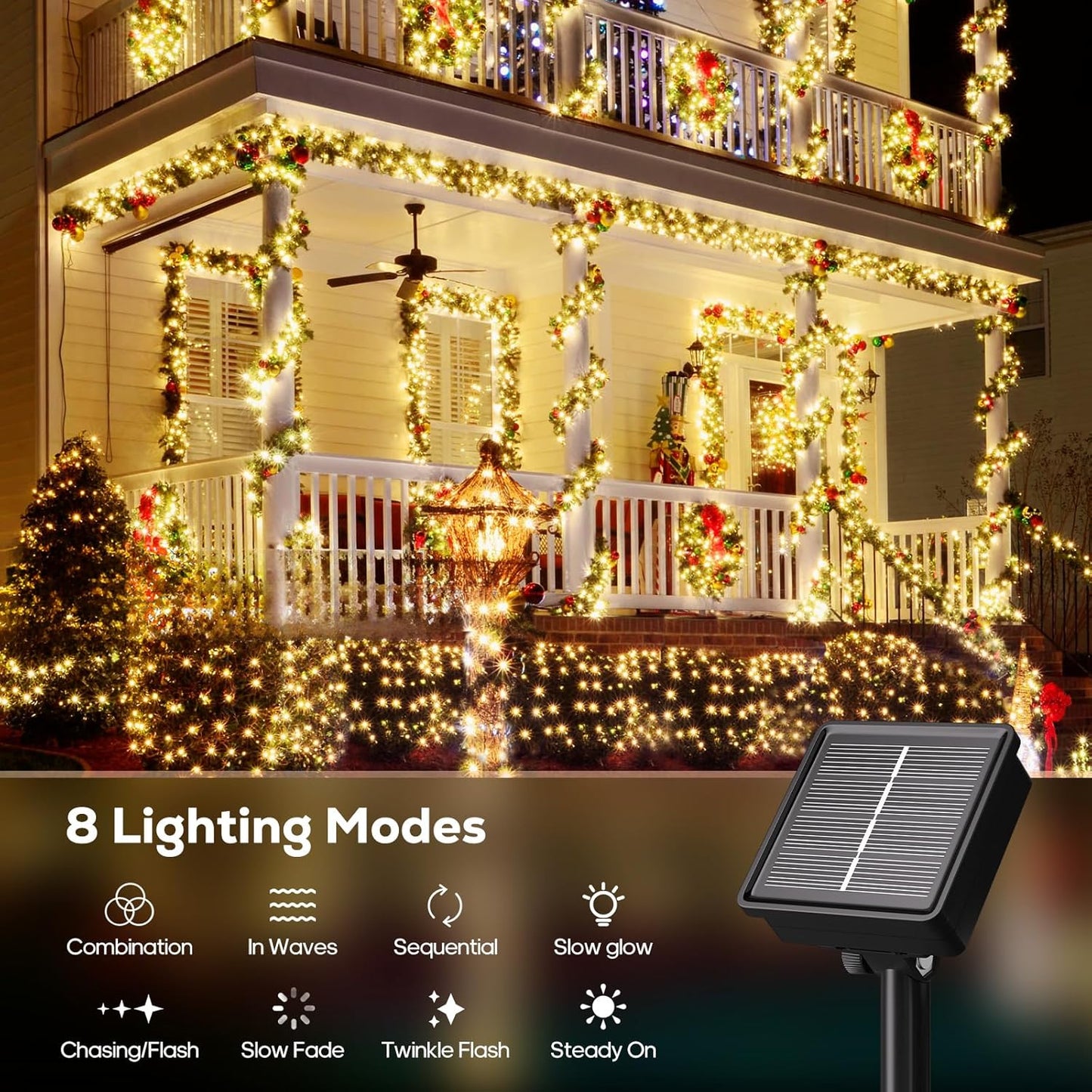Solar String Lights Outdoor, 1 Pack 46 FT 120 LED Solar Tree Lights Waterproof with 8 Lighting Modes, Outdoor Solar Light for Tree Outside Balcony Gazebo, Warm White