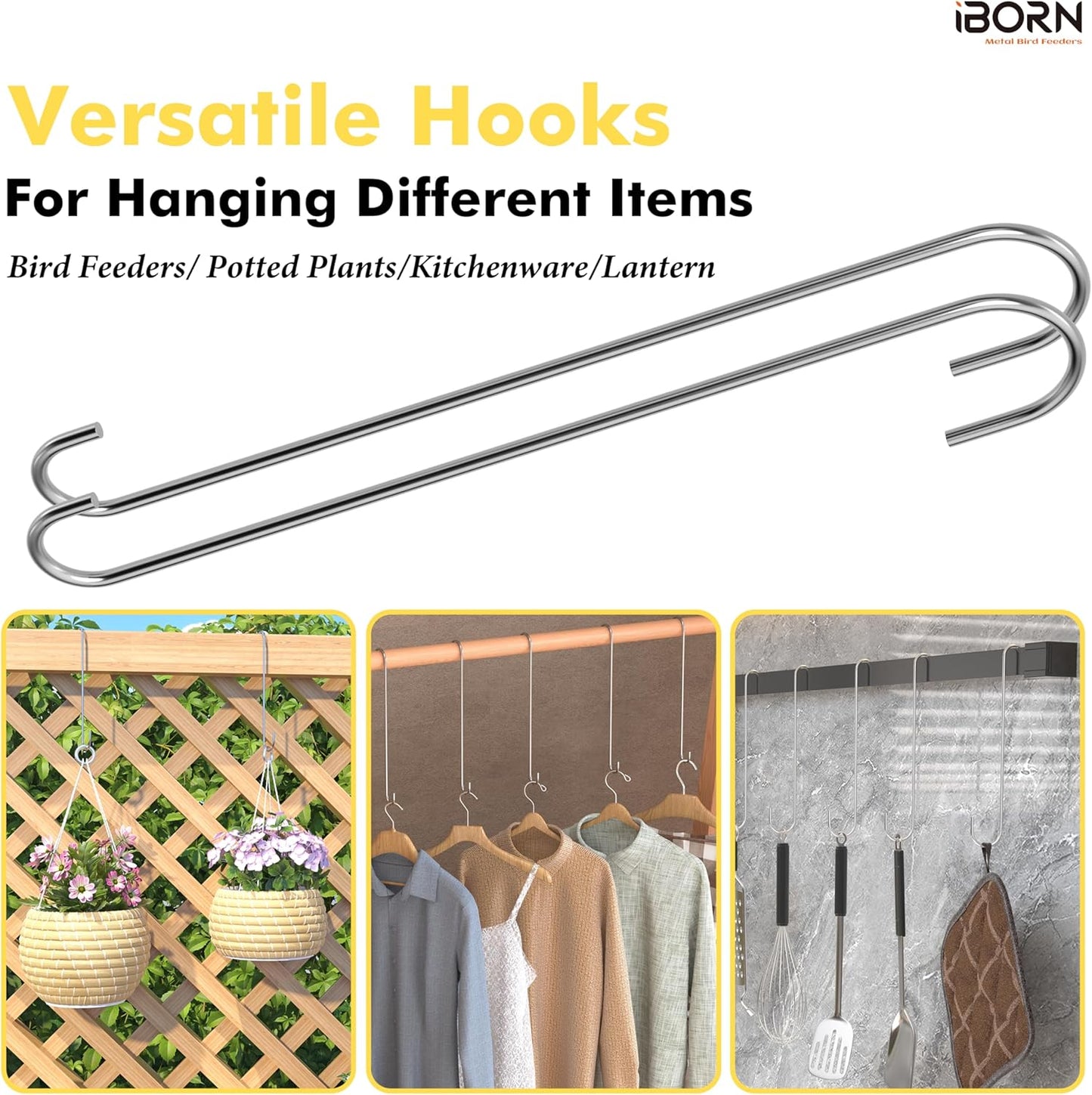 iBorn 12 Inch Extension S Hooks Stainless Steel S Hooks, Heavy Duty S 