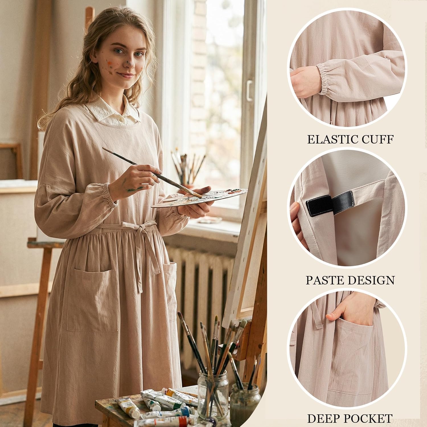 Nanxson Cotton Linen Apron - Women's Long Sleeve Apron for Cooking, Ga