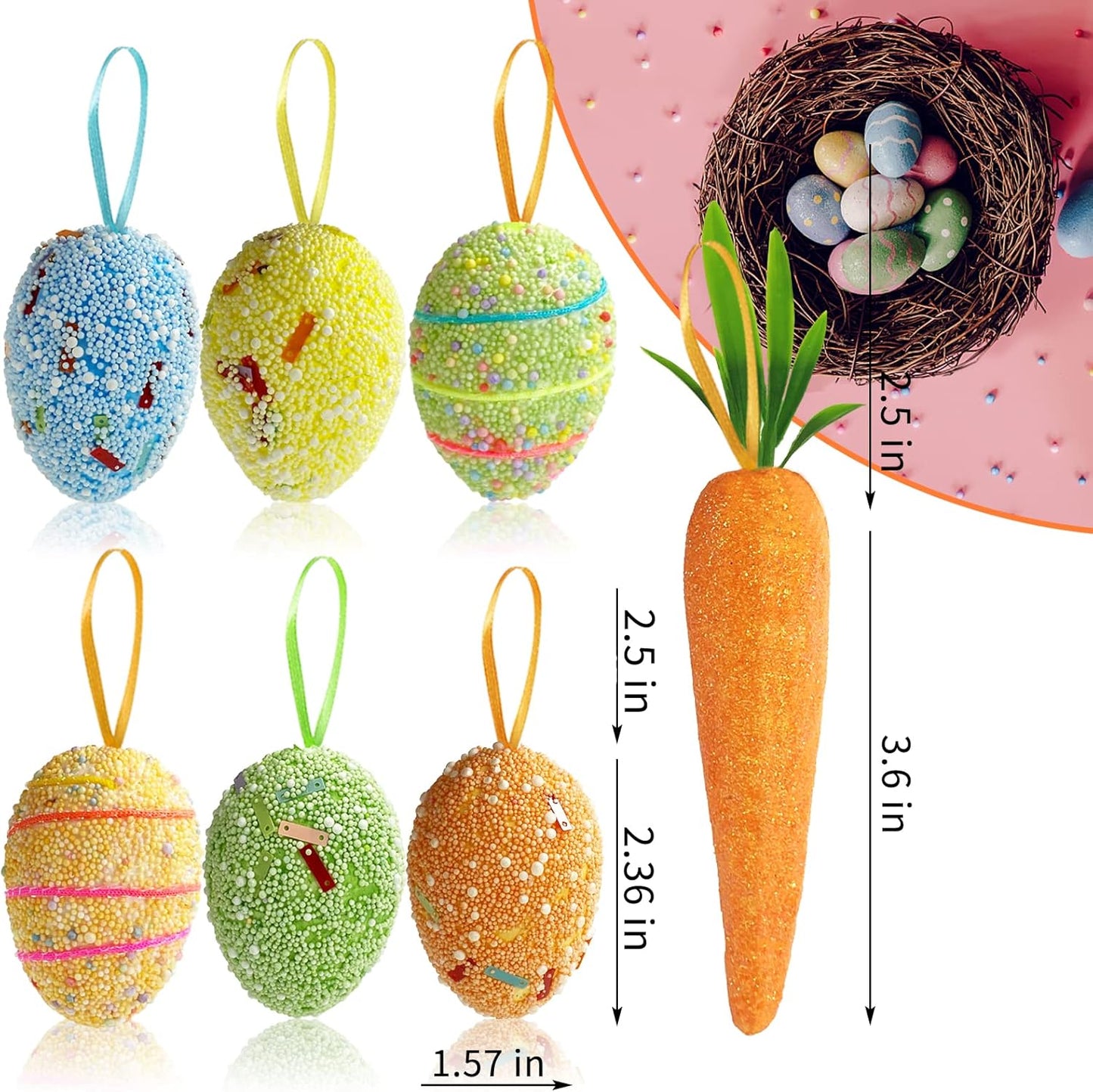 18PCS Easter Egg Ornaments and Carrot Hanging Ornaments Colorful Foam Hanging Egg Ornaments Foam Glitter Artificial Carrots Easter Tree Decorations Home Party DIY Crafts