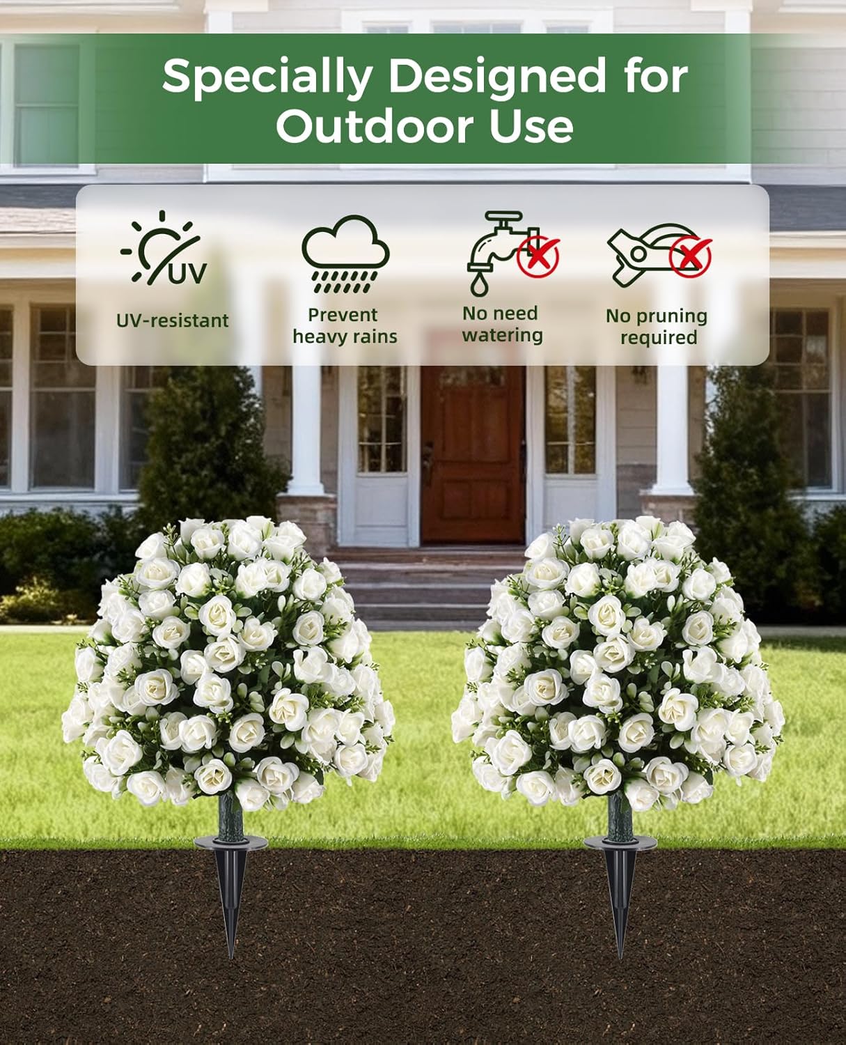 24’’ White Rose Topiary Ball Tree, Faux Plants Outdoor Rose Bush, Fake Evergreen Potted Plants Artificial Decor for Garden, Front Porch, Living Room, Balcony Decor, Set of 2