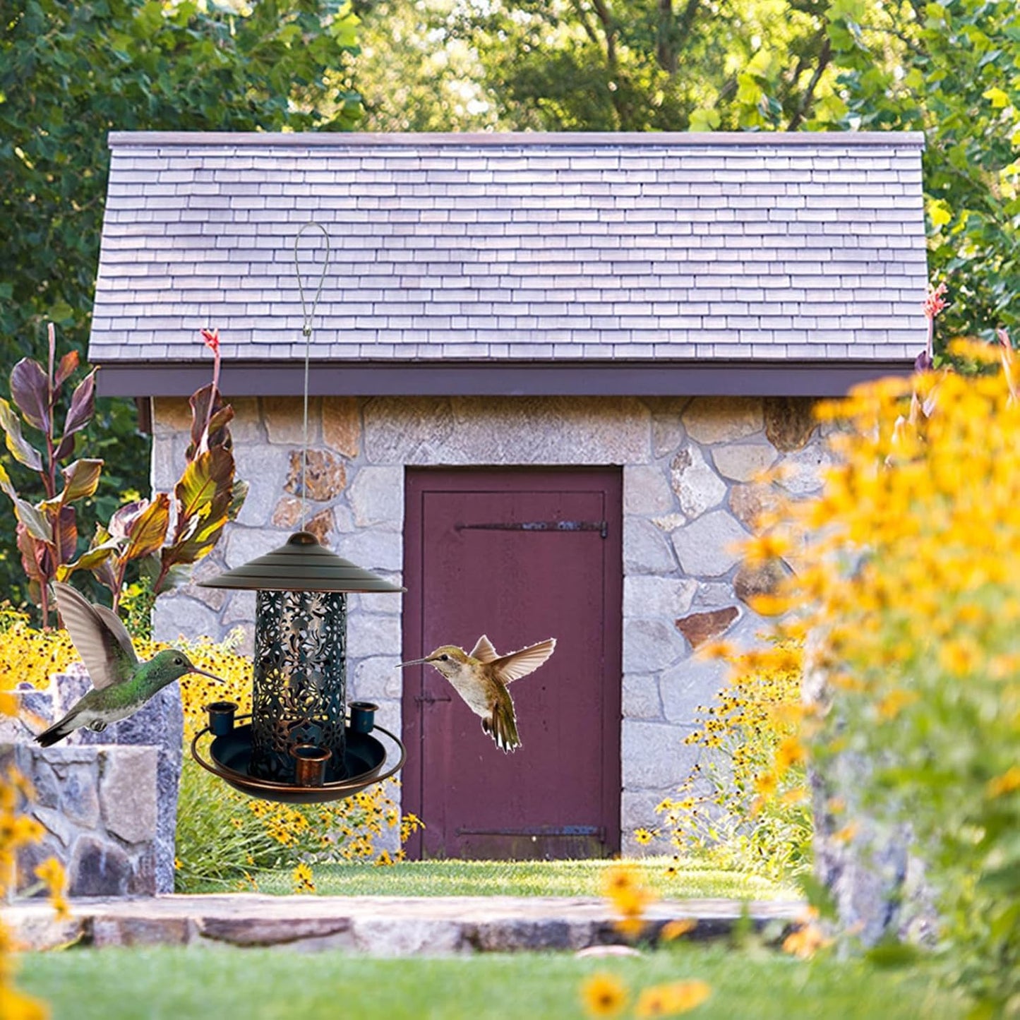 Bird Feeders Water Cup Bird Feeders Large Capacity Feeding Stations Tray Hanging Seed Platform Metal Tray, Blue