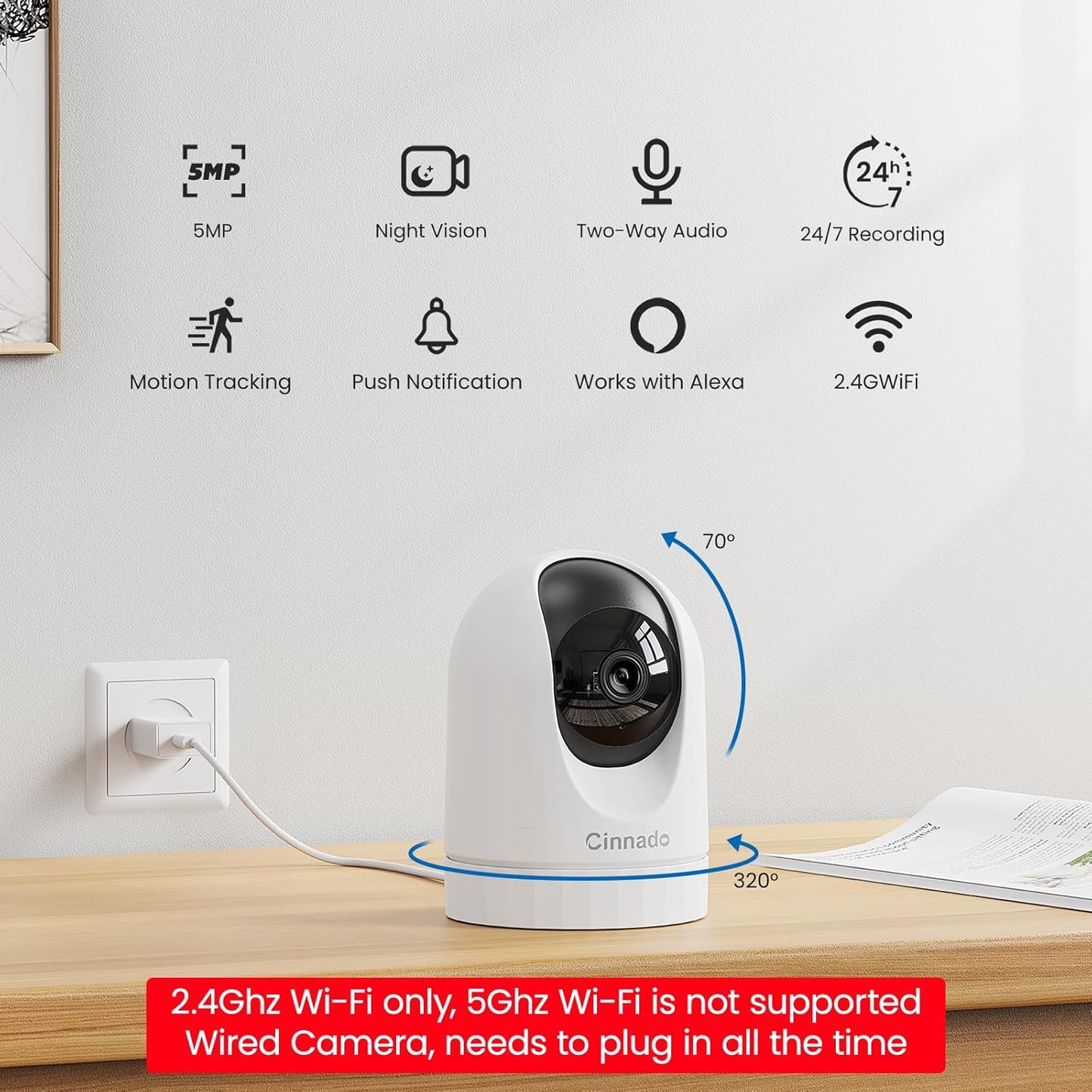 Cinnado Security Camera Indoor-2K 360° WiFi Cameras for Home Security，