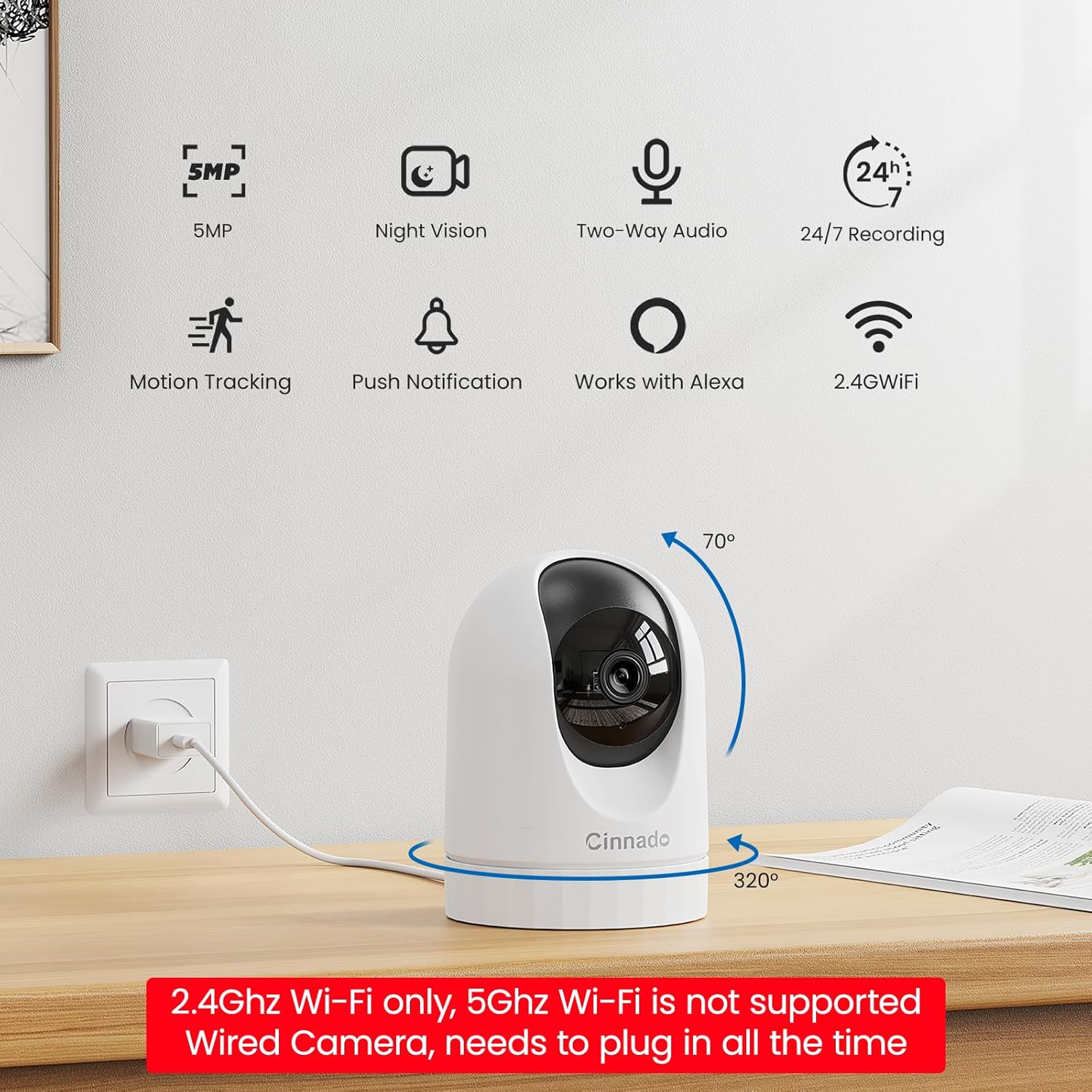 Cinnado Security Camera Indoor-2K 360° WiFi Cameras for Home Security，