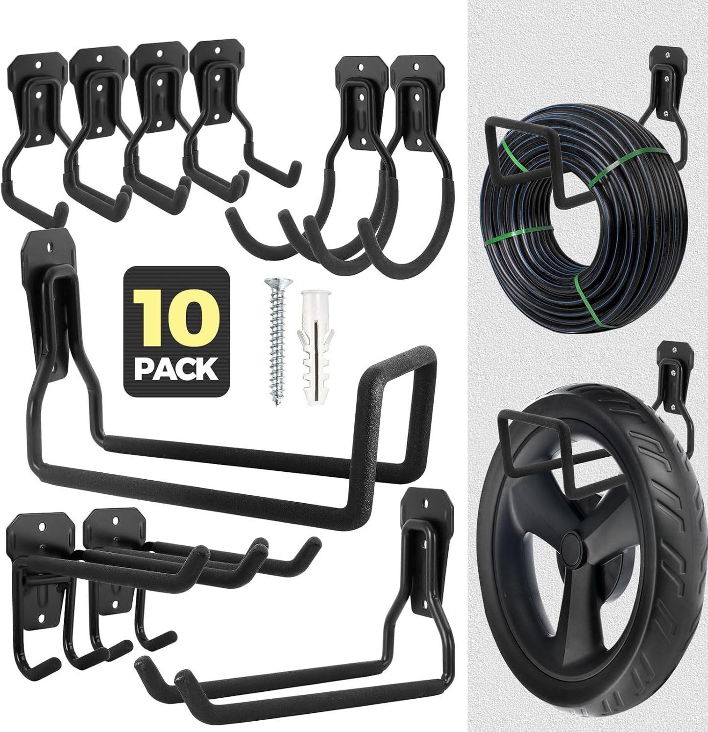 Slatwall Hooks Heavy Duty, 10-Pack Garage Hooks, Metal Wall Organizer for Hanging Ladder Bike Hose, Used in Kitchen, Garden, Garage, Tool Oragnization