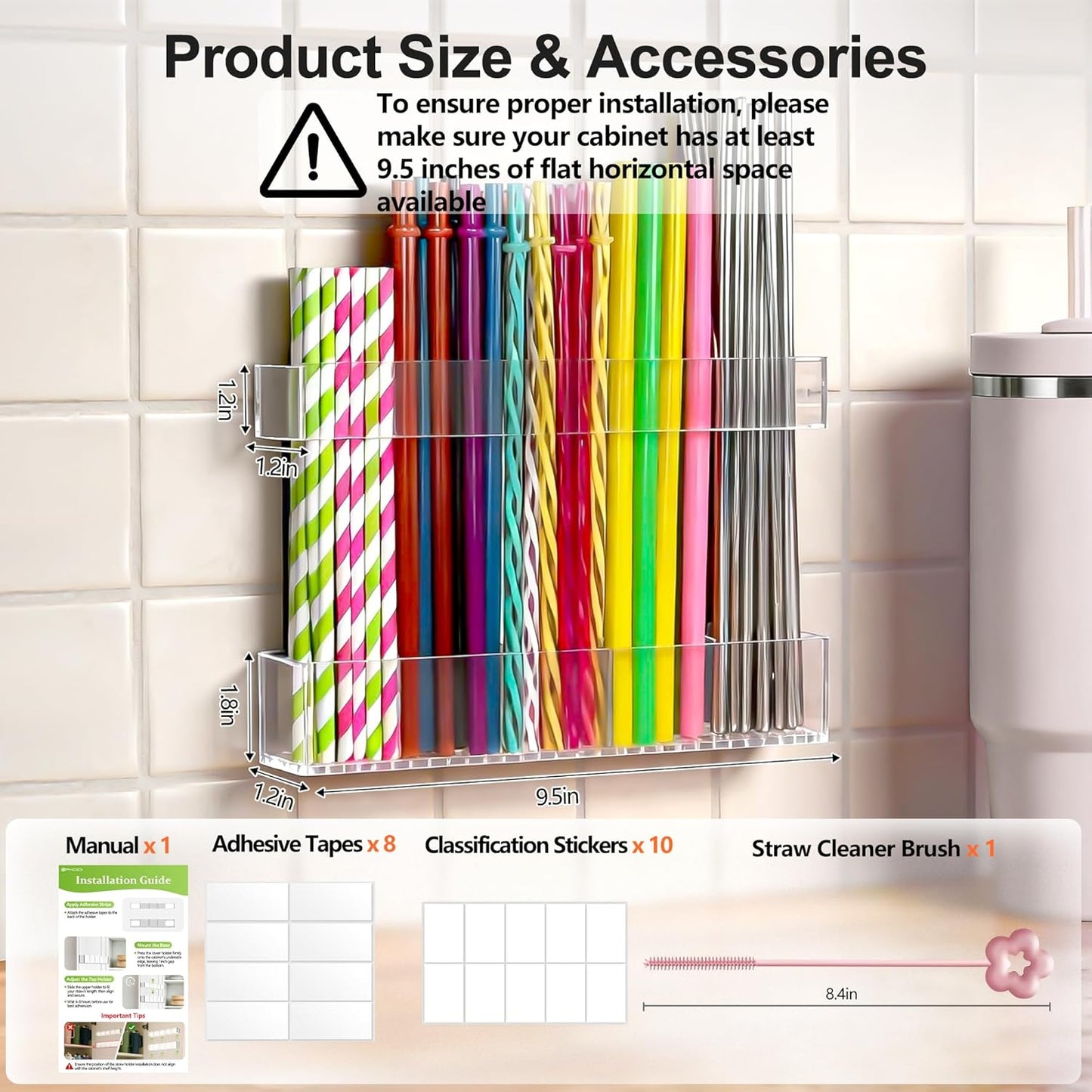 9.5” Large Acrylic Straw Holder for Cabinet Door, Reusable Adjustable Two-Part Straws Organizer with Ultra Sticky Adhesive Strips, 2026 Straw Storage for Kitchen Cupboard