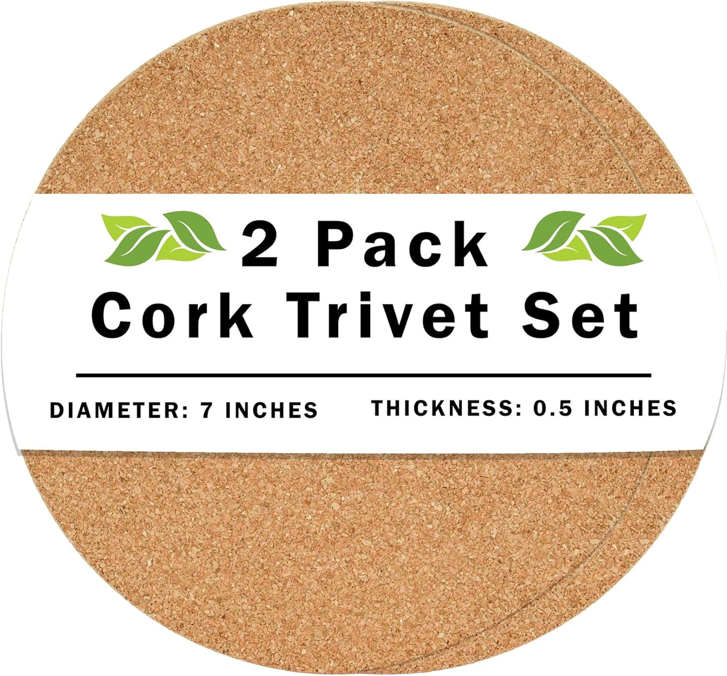 Round Cork Pads Non-Slip Oven Trivet – Heat Resistant Cork Holder for Countertops, Glass Stovetops & Tables, Ideal for Hot Dishes, Pots, Pans, Planters, and Drink Coasters – 2 Pack, 7" Round Each