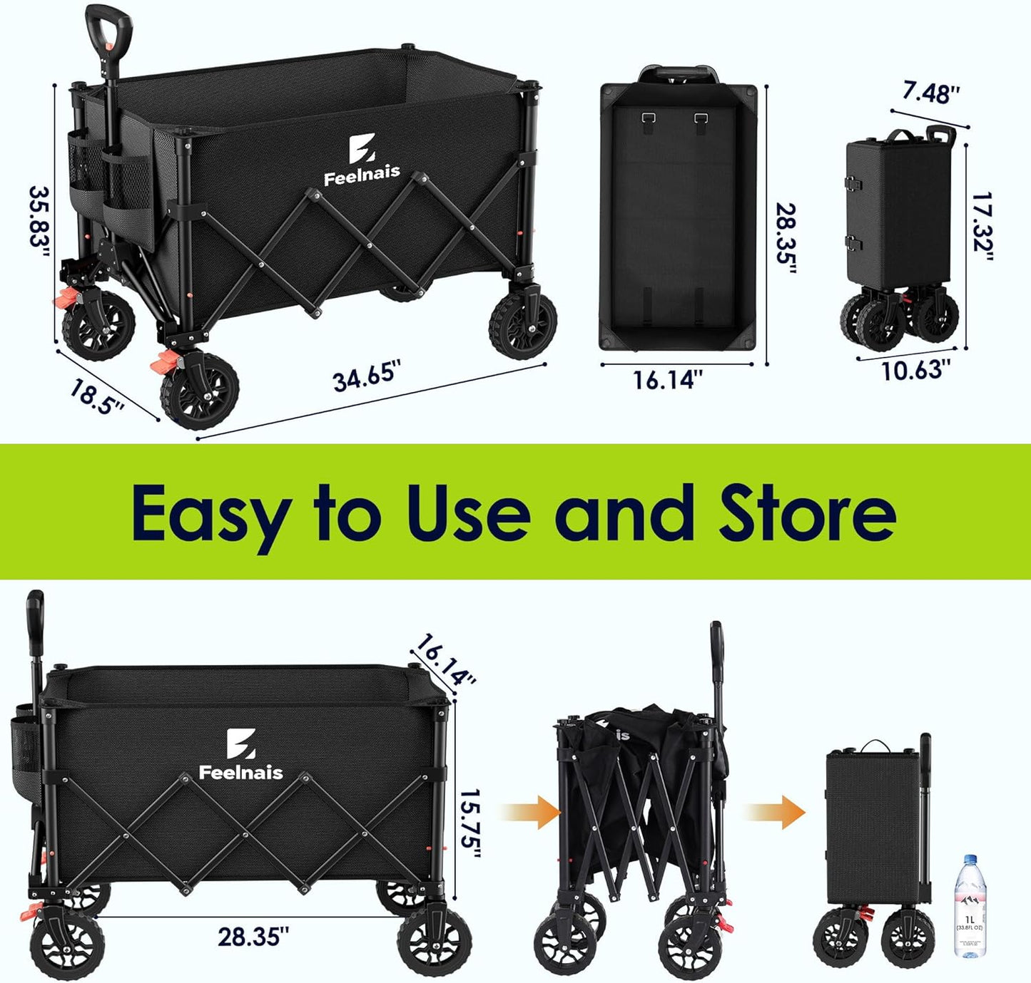 Collapsible Wagon with Wheels, Feelnais Folding Wagon Cart with Adjustable Handle, 135L Portable Utility Wagon for Grocery Garden Shopping Camping Sports Beach