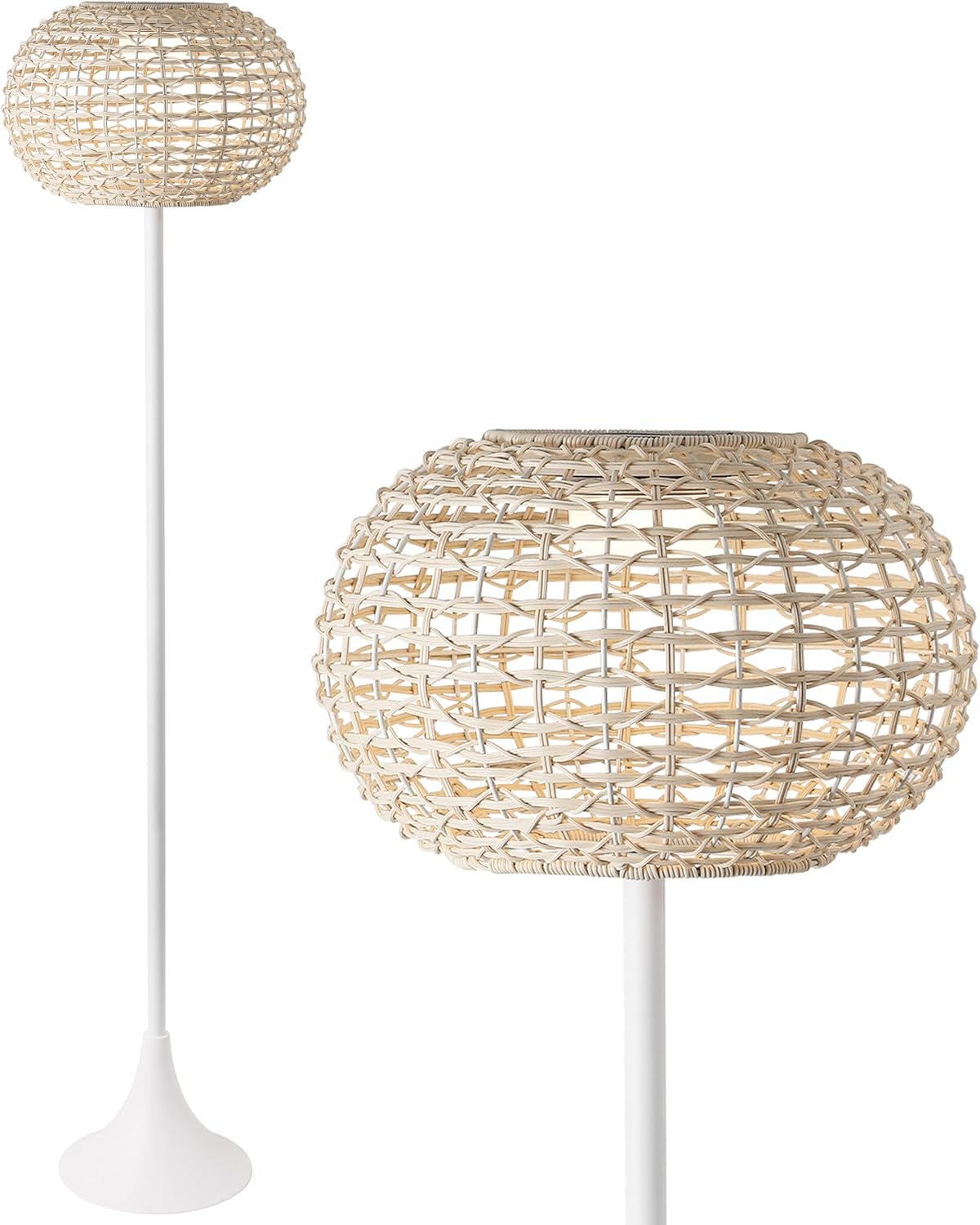 JONATHAN Y 58" White/Cream Modern Outdoor Solar Floor Lamp, Waterproof LED Standing Light for Patio, Deck, Porch, Faux Rattan Shade, USB-C Rechargeable, Coastal Decor (JYL2601B)