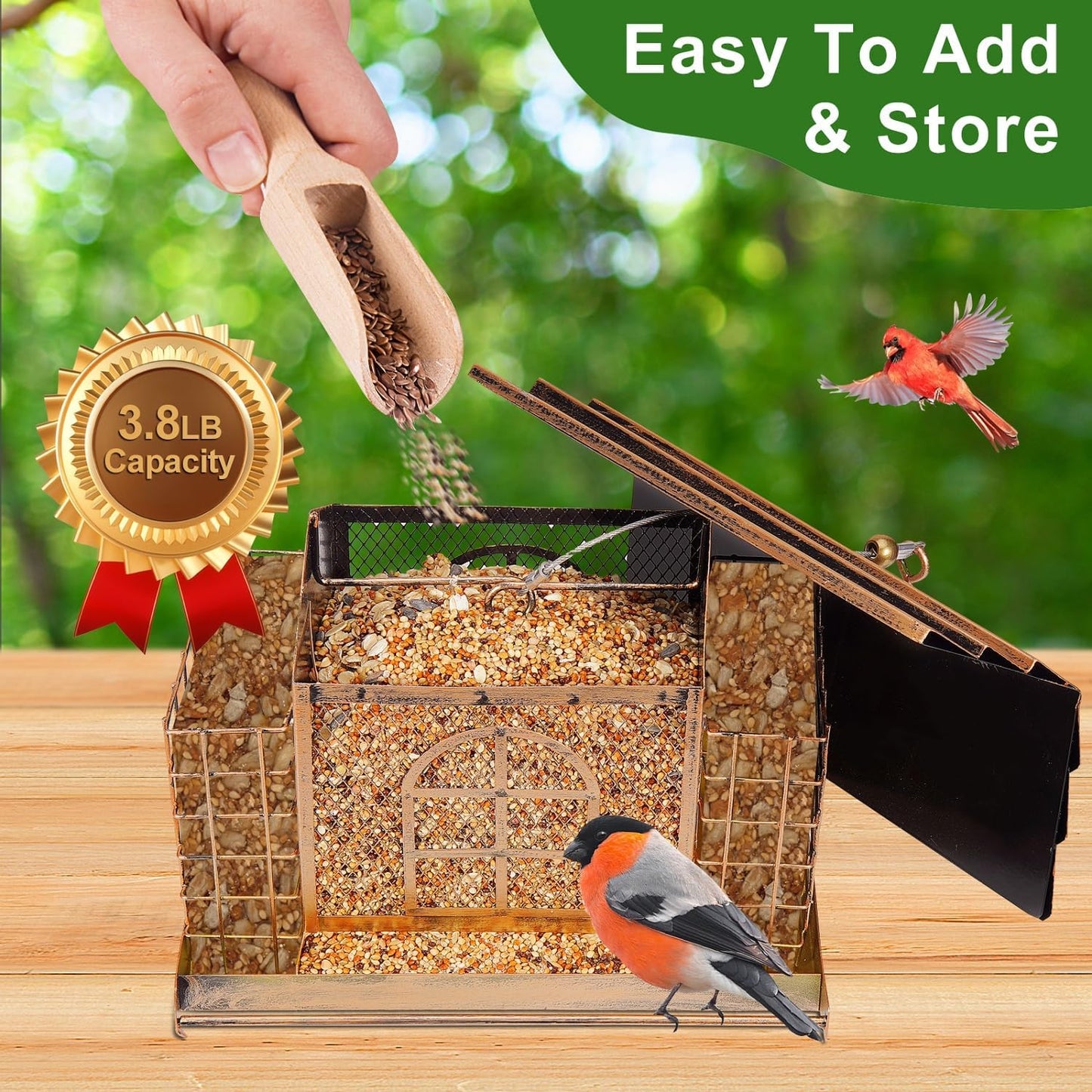 Bird Feeder for Outdoors, Metal Bird Feeder Hanging, 3.8LB Large Capacity with Double Suet Cages, Rainproof Roof, Attracts Cardinals, Finches, Blue Jays, for Backyard & Garden