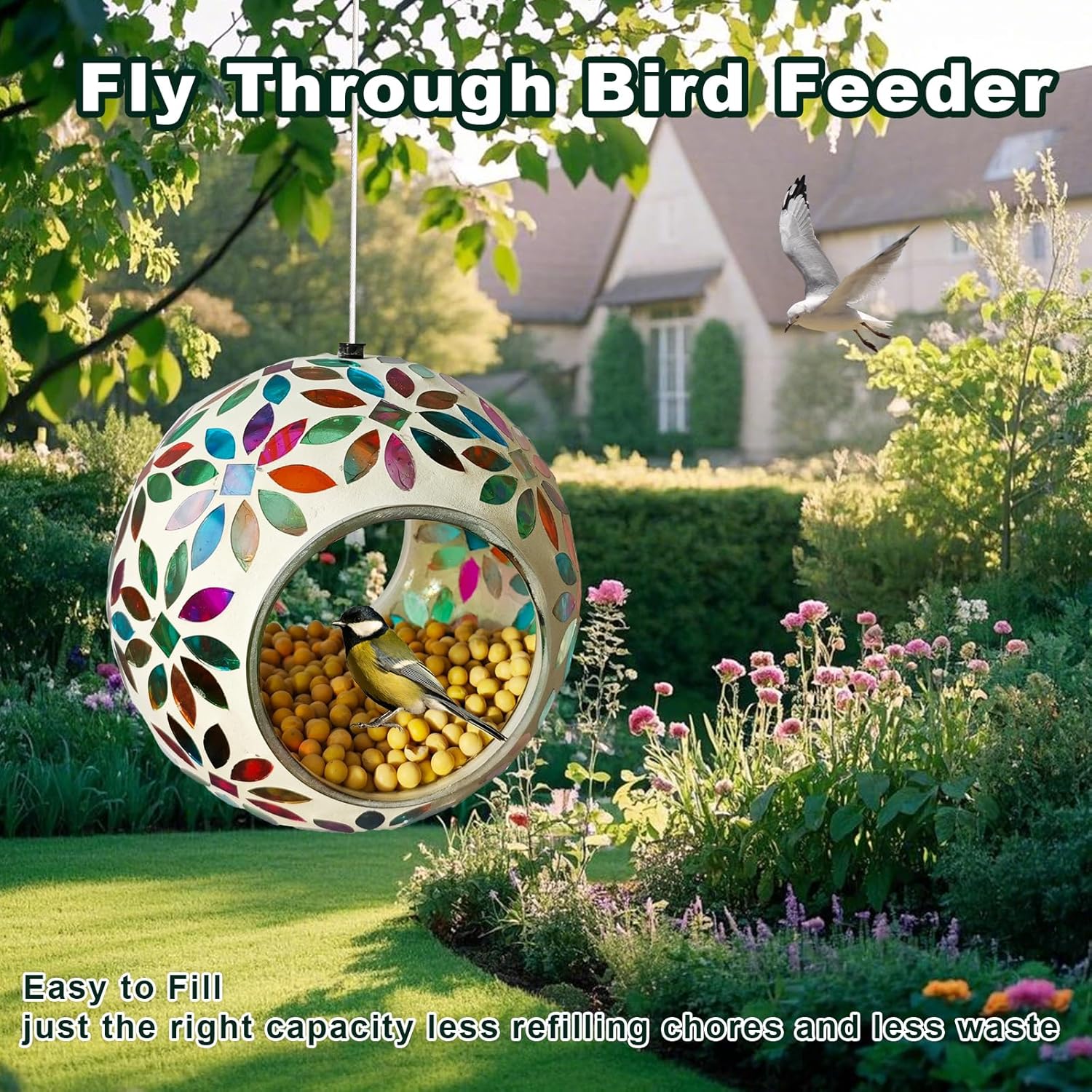 Mosaic Bird Feeder, Outside Hanging with Round Shape Glass BirdFeeders