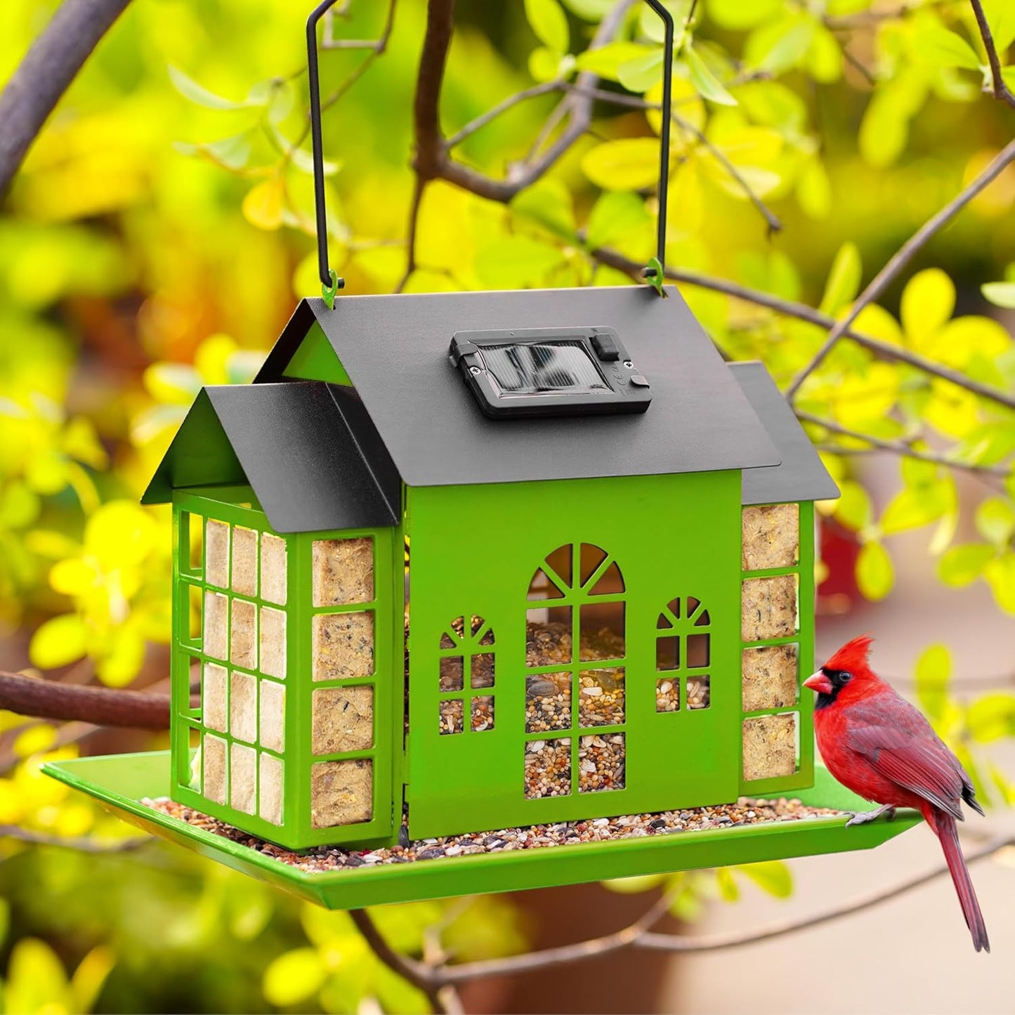 Bird Feeders for Outdoors,Solar Metal Large Capacity Cardinal Birdfeeders with Suet Holder,Cardinal Bird Suet Feeder,Birdhouse,Weatherproof and Durable