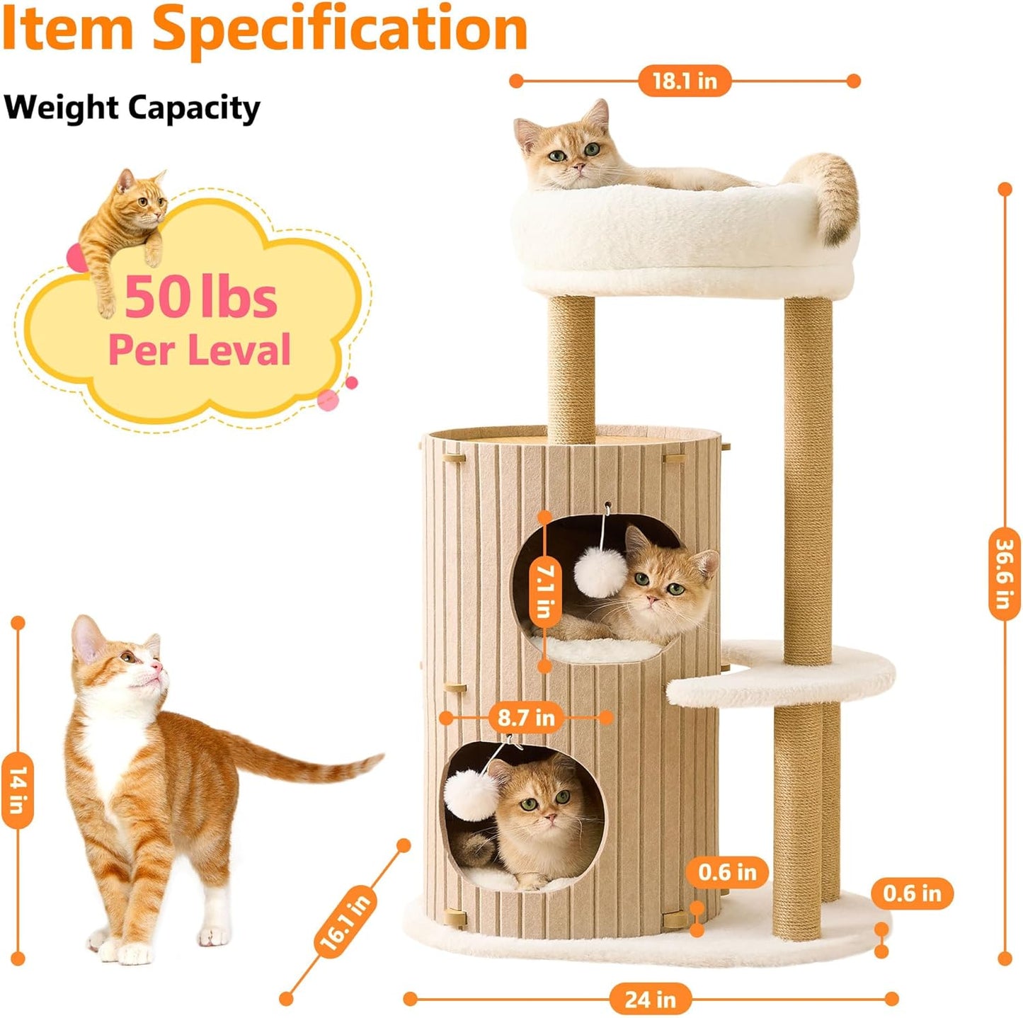 Modern Cat Tree for Indoor Cats Large Adult, 36in H Cat Tree Tower wit