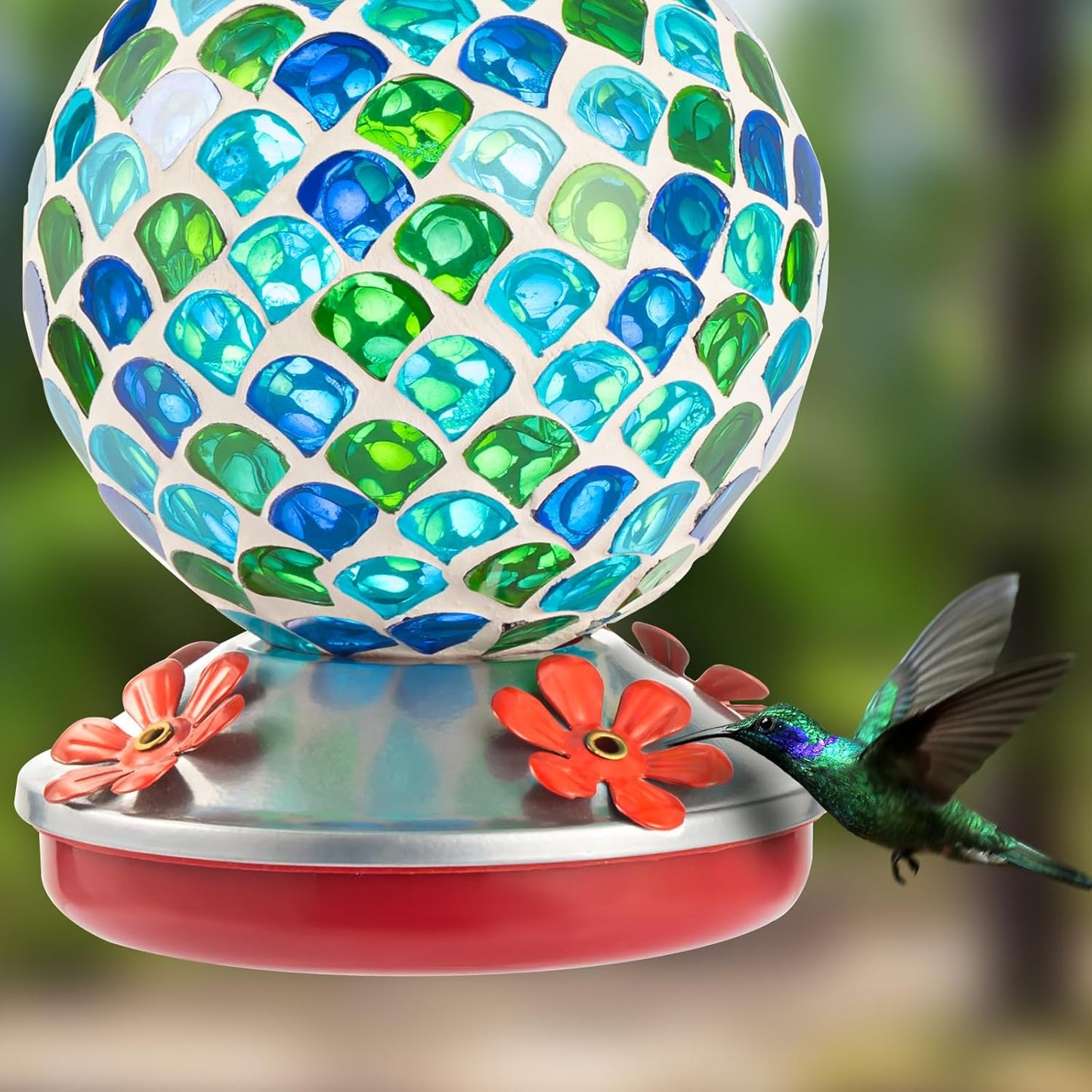 Backyard Expressions Glass Hummingbird Feeder - Blue/Green - Hummingbird Feeders for Outdoors Hanging, Hand Blown Glass Hummingbird Feeder