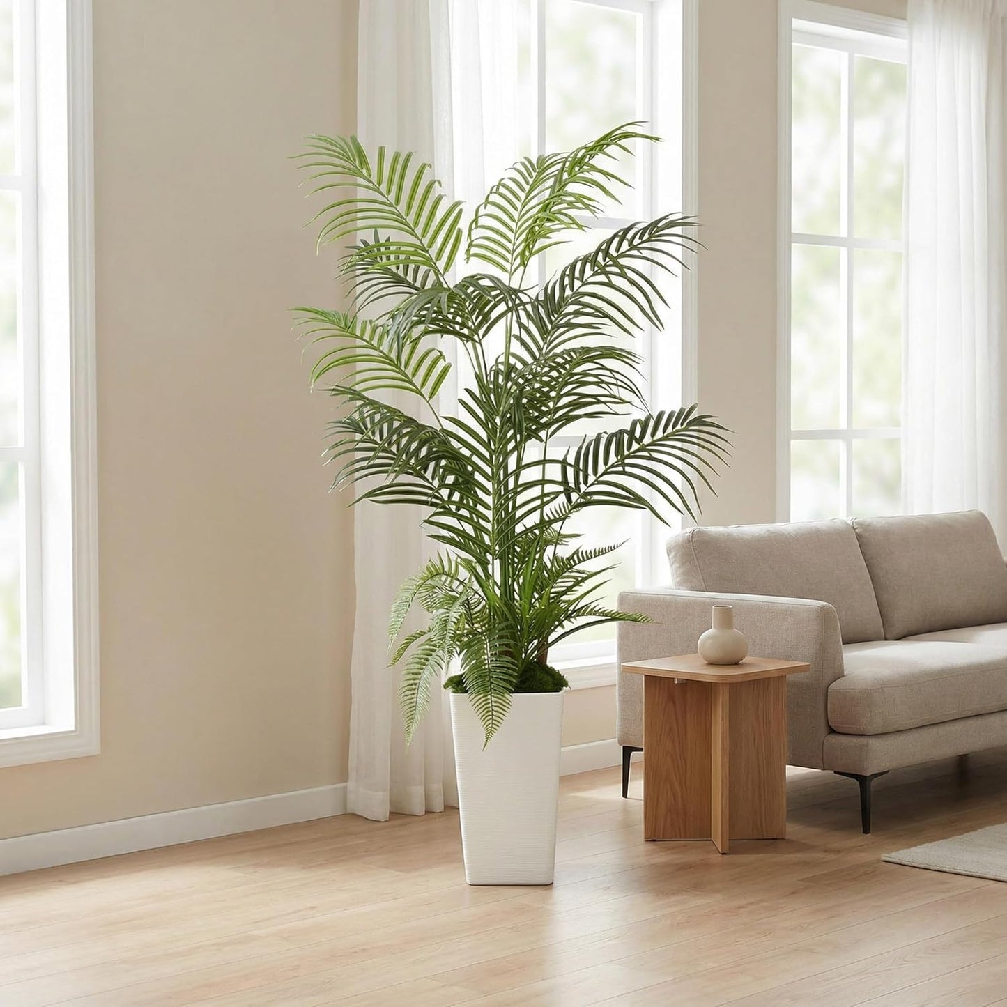 4’11” (150 cm) Areca Palm Artificial Tree with Tall White Pot, Grass & Moss – Lifelike Natural Look, Maintenance-Free Indoor & Outdoor Plant for Home, Office, Balcony & Patio