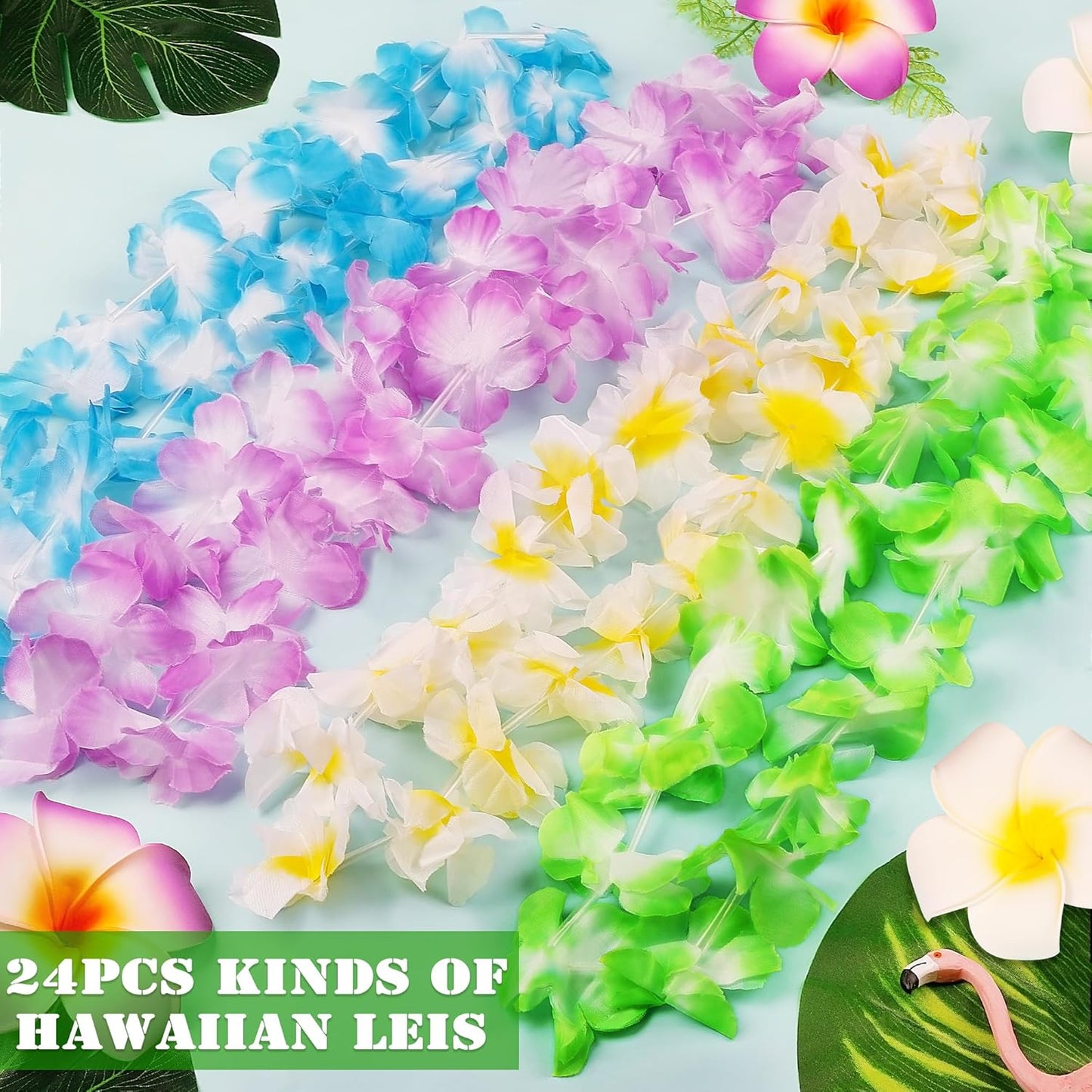24pcs Hawaiian Leis Bulk Luau Party Silk Flower Necklace Colorful Tropical Hawaiian Bulk Hula Dance Party Decor Flower Leis Summer Beach Pool Party Decorations Favors Supplies