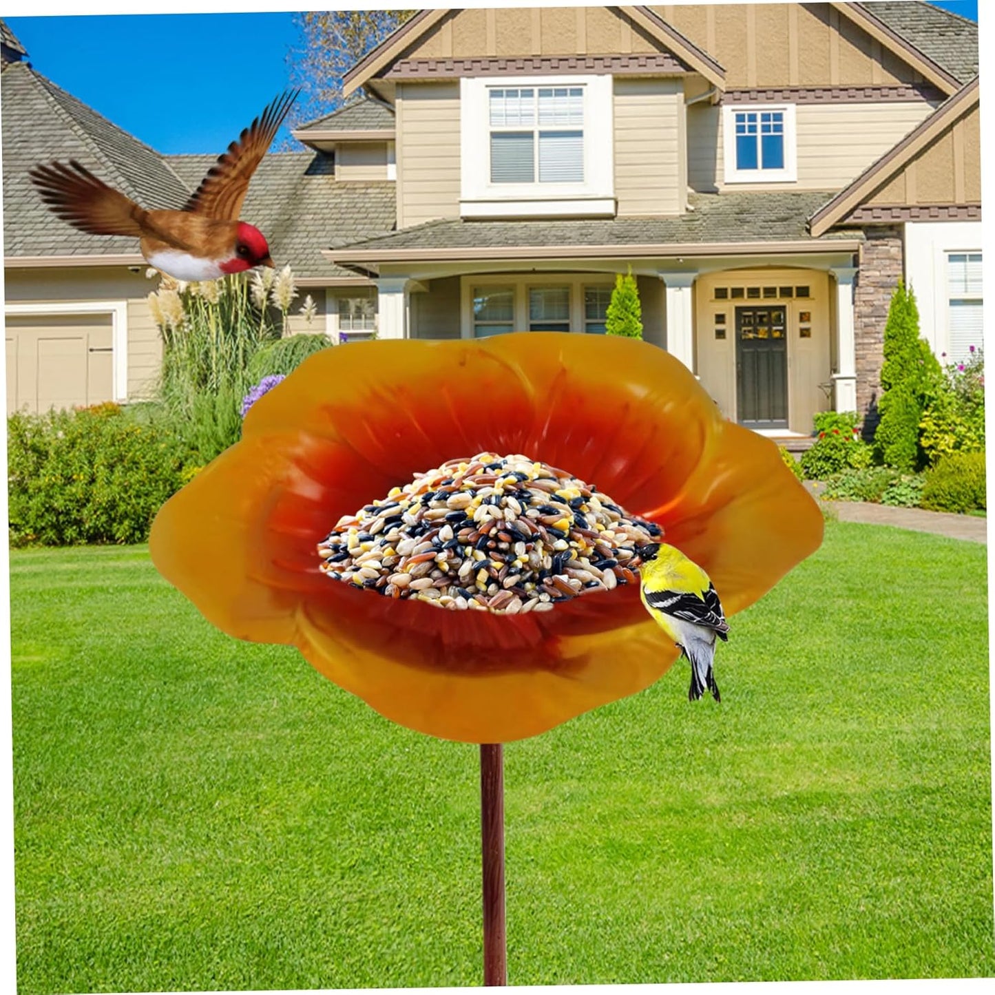 Bird Feeder with Stake Flower Shape Bird Bath 9.5x25in Ground Feeder Exquisite Decorative Bath for Outside Yard Garden, Gold Brown