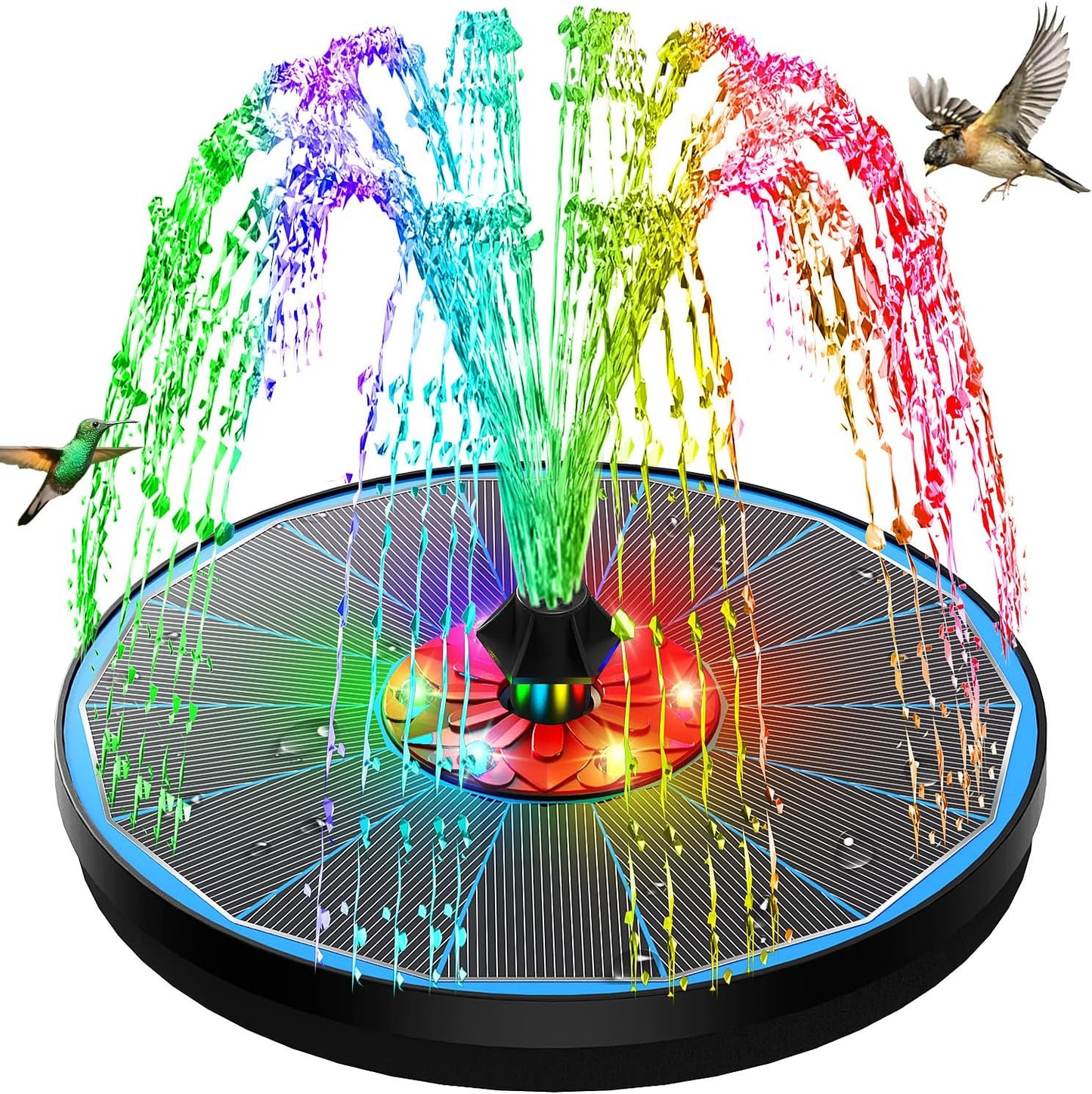 Solar Bird Bath Fountain,Upgrade 3.5W Glass Panel Solar Fountain with 2200mAh Backup Battery, Colorful LED Lights,8 Spray Mode, 4 Fixed Rods for Garden, Pond, Pool,Patio Outdoor Water Feature