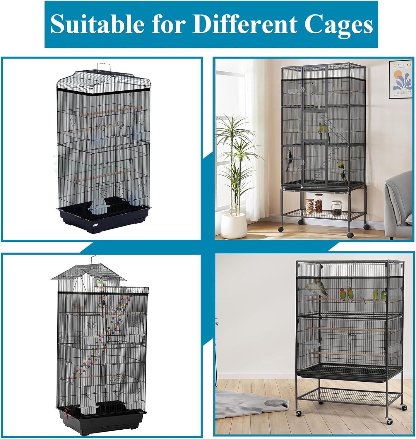 ASOCEA Large Bird Cage Seed Cather,Bird Cage Cover Adjustable Soft Airy Skirt Guard Birdcage Nylon Mesh Net for Parrot Parakeet Macaw African Round Square Cages Cover (118 * 31.5in/300 * 80cm) (Black)