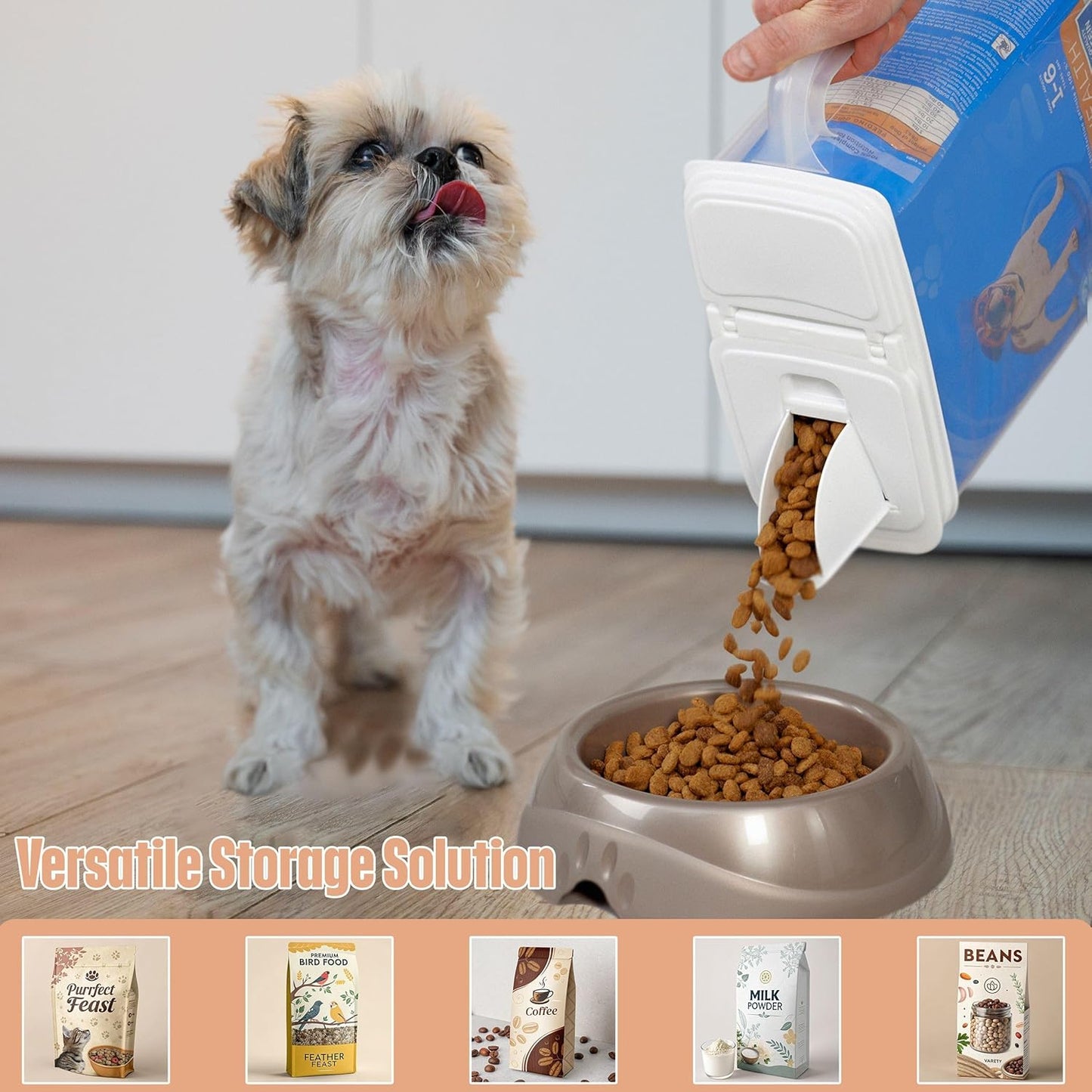 Buddeez Pet Food Storage Container - 8 Quart Capacity Dog / Cat Food & Bird Seed Container with Durable EZ Grip Handle, Flip Gray Lid (includes 1 Cup Clear Scoop)
