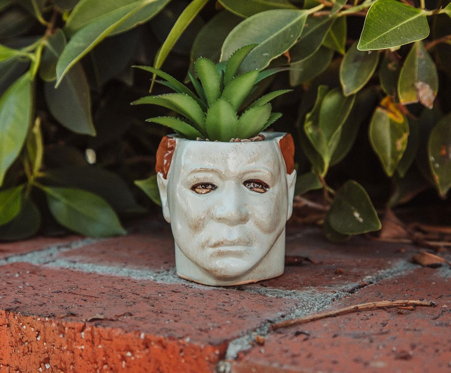 Toynk Halloween Michael Myers 3-Inch Ceramic Mini Planter with Artificial Succulent | Small Flower Pot, Faux Indoor Plant