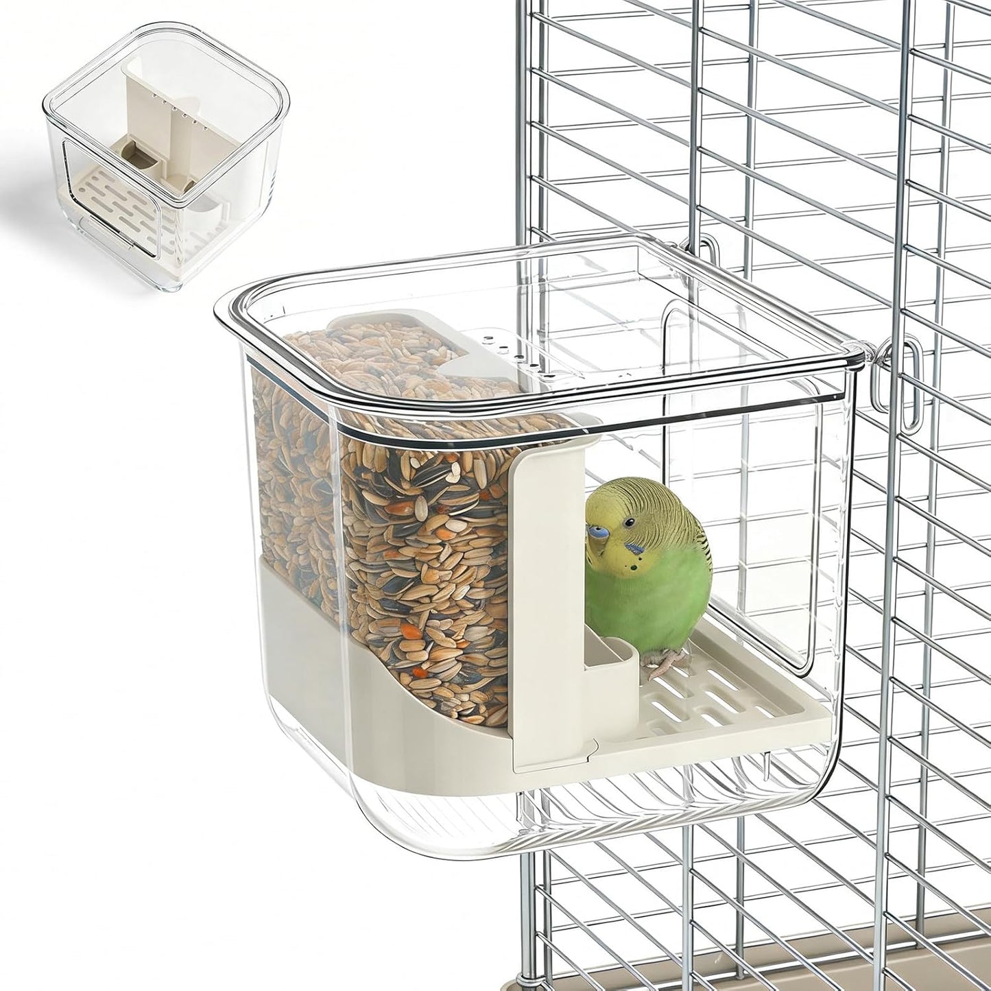 No Mess 2-in-1 Bird Cage Feeder & Water Feeder, Double Station Transparent Parrot Feeder, Bird Cage Accessories for Budgies Lovebirds Conures Cockatiels