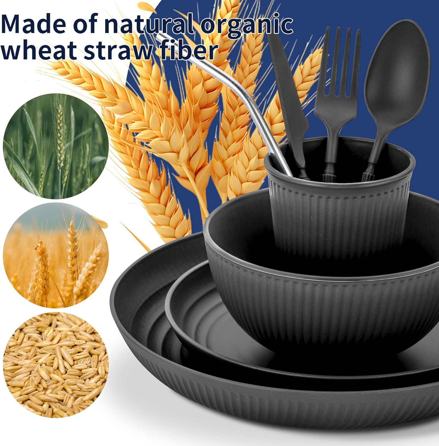 Wheat Straw Dinnerware Sets,64-Piece Black Plates and Bowls Sets for 8