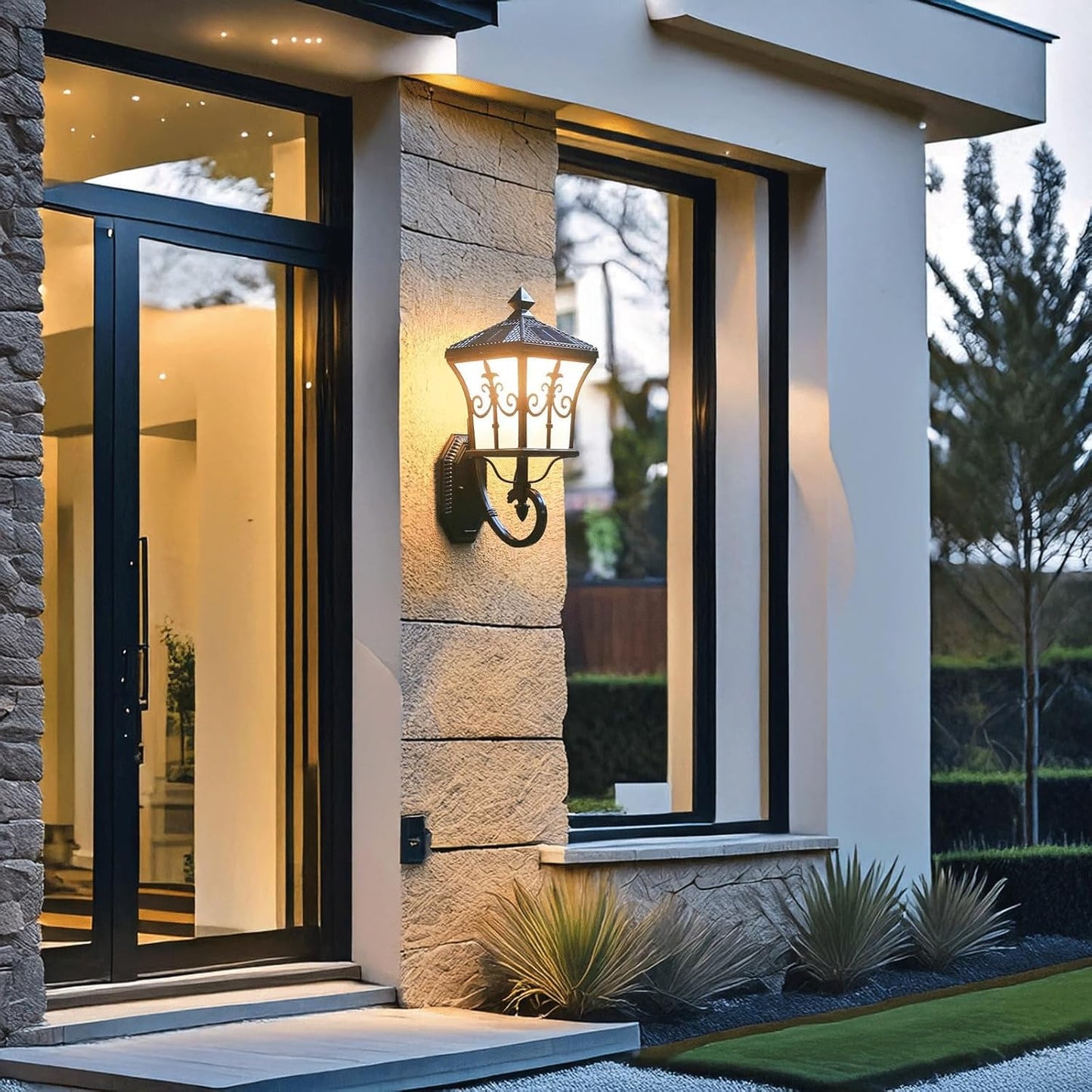 Solar Outdoor Wall Lantern, Black Die-cast Aluminum Exterior Wall Sconce Lamp with Acrylic Shade and Vintage Scrolls, LED/E27 Dual Sources for Garden, Porch, Patio, Villa, Yard, Pathways