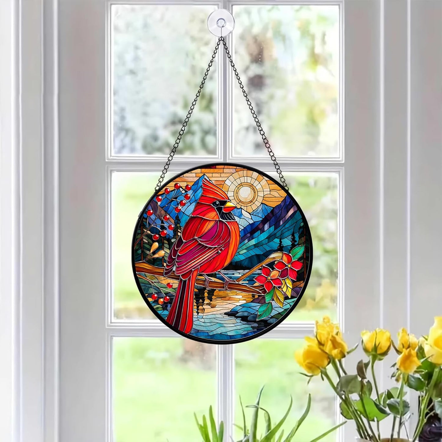 7.8'' Cardinal Suncatcher Stained Glass Window Hanging Memory Ornament Suncatchers Christmas Mothers Fathers Day Remembrance Sympathy Memorial Gifts for Loss of Loved One Mom Father Grandma