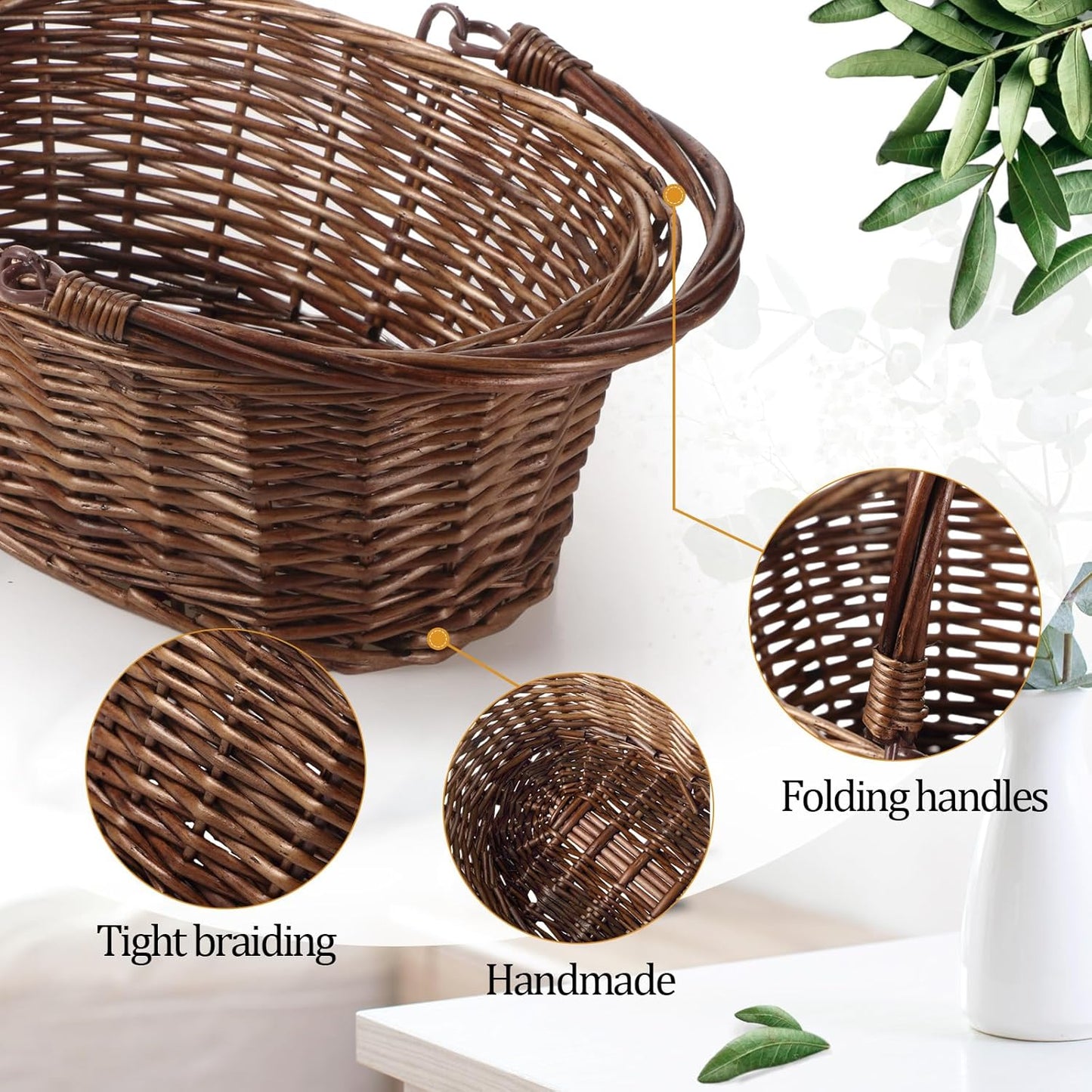 Barydat 6 Pcs Small Wicker Picnic Basket with Handle Flower Girl Baskets Oval Willow Woven Braided Gift Basket for Easter Weddings Baby Shower Home Garden Decor (Brown,9" x 7" x 4")