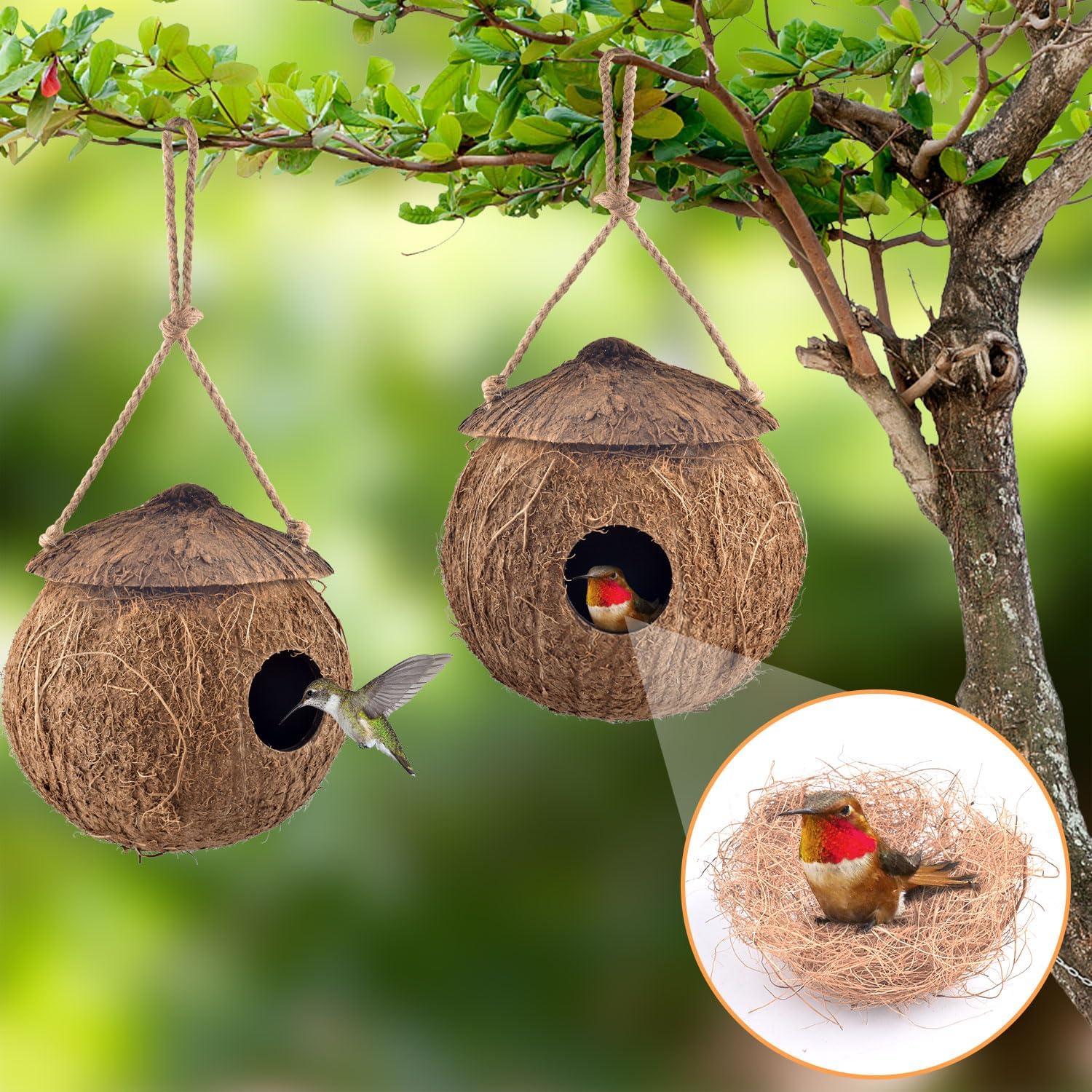KATUMO Hummingbird Houses, Natural Coconut Bird Houses for Outside Han