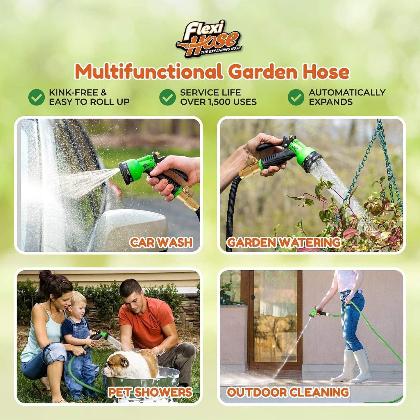 Flexi Hose Expandable Garden Hose with 8 Function Nozzle, 50FT - Light