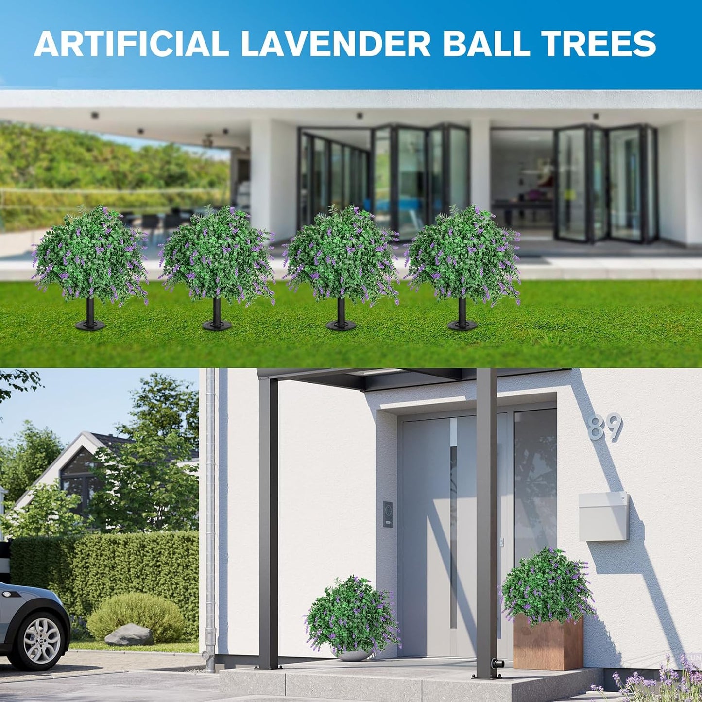 Artificial Lavender Topiary Ball Trees 18" with Ground Spike, Set of 2 UV Resistant Faux Shrubs, Fake Evergreen Boxwood Plant for Outdoor, Indoor, Garden, Yard, Porch, Patio, Front Porch Decor