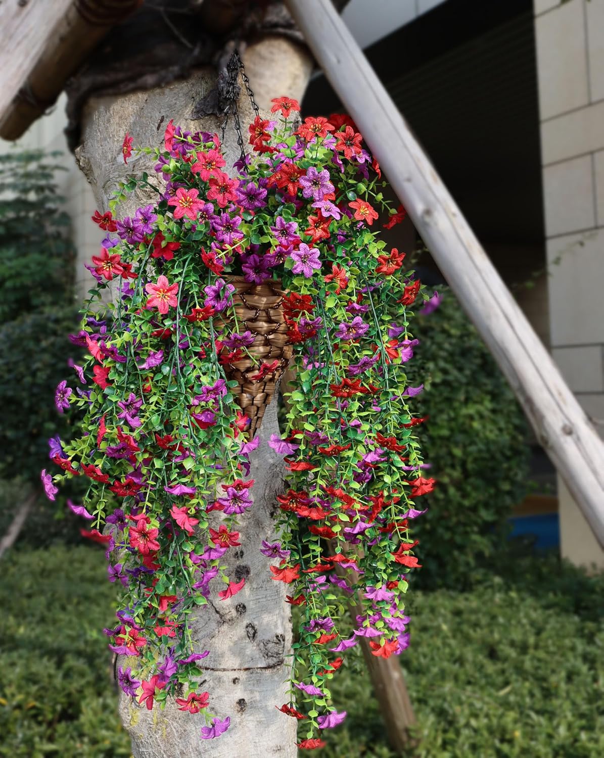 Artificial Hanging Flowers for Outdoors, 4 Pack Fake Hanging Plant for Spring Summer Decor, UV Resistant Faux Silk Flower for Planter Porch Patio Balcony Yard Decoration ( Light Purple & Rose Red)
