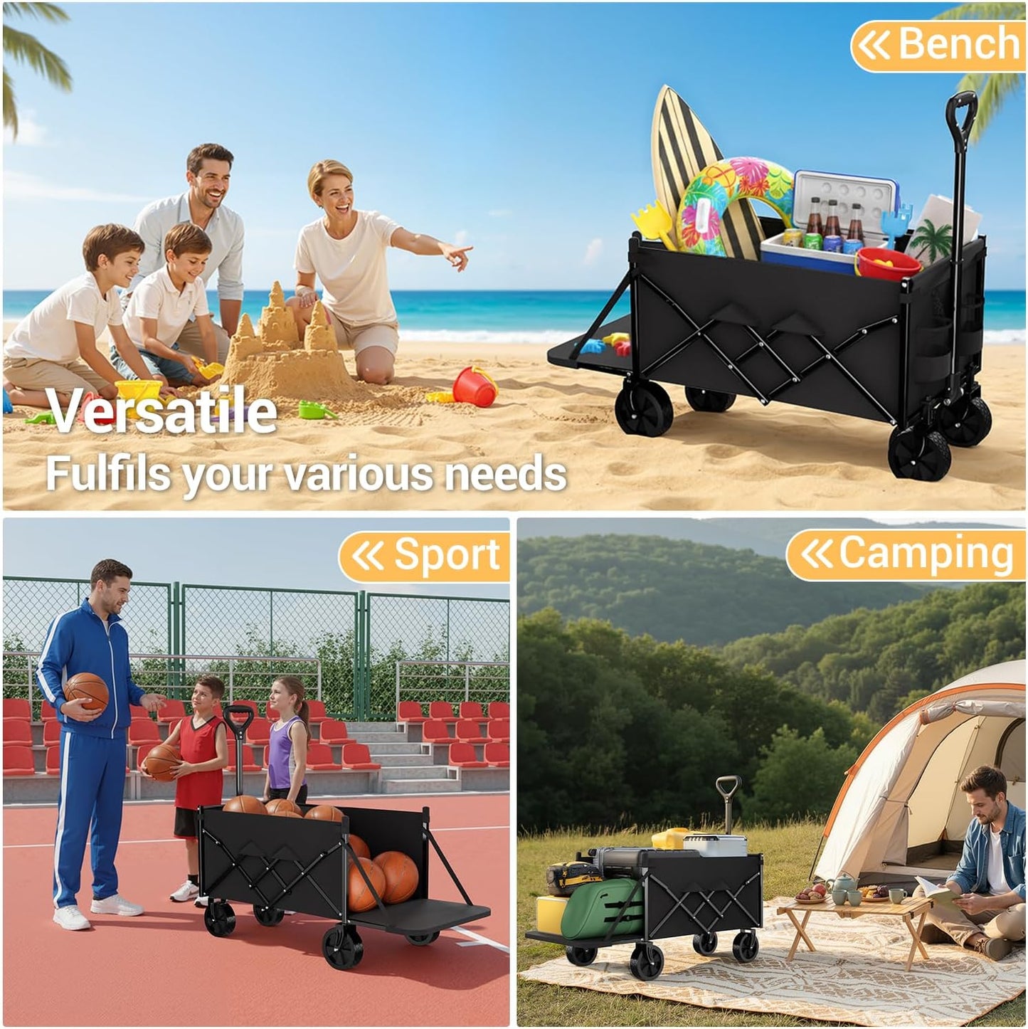 Lightweight Folding Wagon with Extended Tailgate, Large Capacity Colla