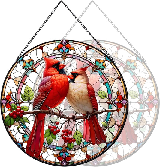 RIVEENY Cardinal Stained Glass Suncatchers for Windows Hanging,Couple Red Love Birds Sun Catchers for Christmas Ornaments, Stained Glass Cardinal Memorial Gifts for Women Mom 20cm/7.87inch