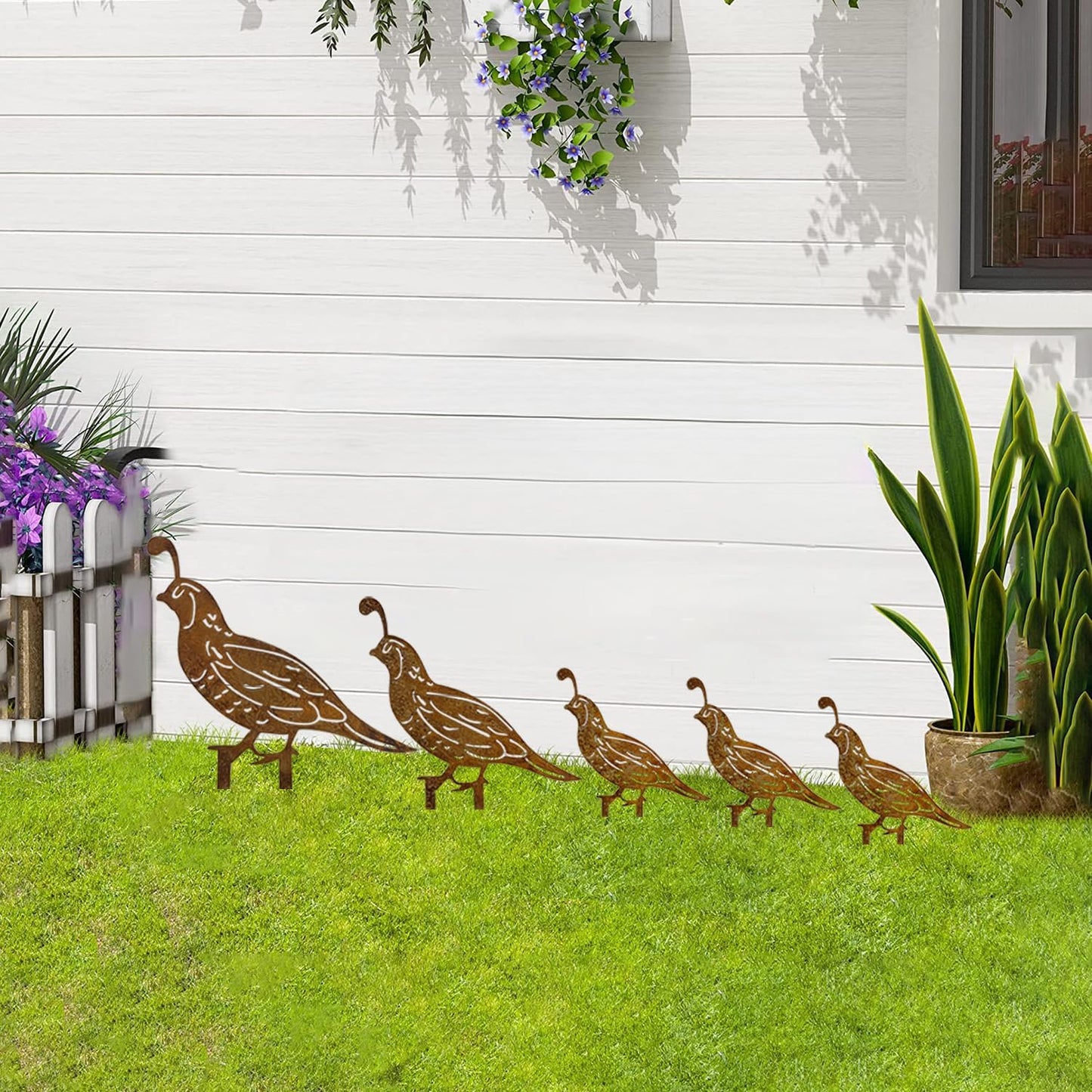 5PCS Rusty Quail Family Decorative Garden Stakes, Metal Birds Yard Dec