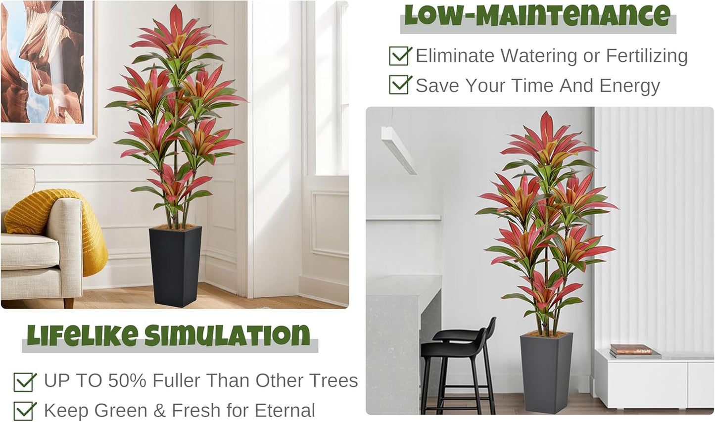 Artificial Red Dracaena Tree 6FT with 114 Leaves & 7 Heads & Black Tall Planter Cover with Coconut Fiber Tall Faux Tropical Silk Bicolor Plant 72 Inch for Indoor Home Office Porch Mall Decor