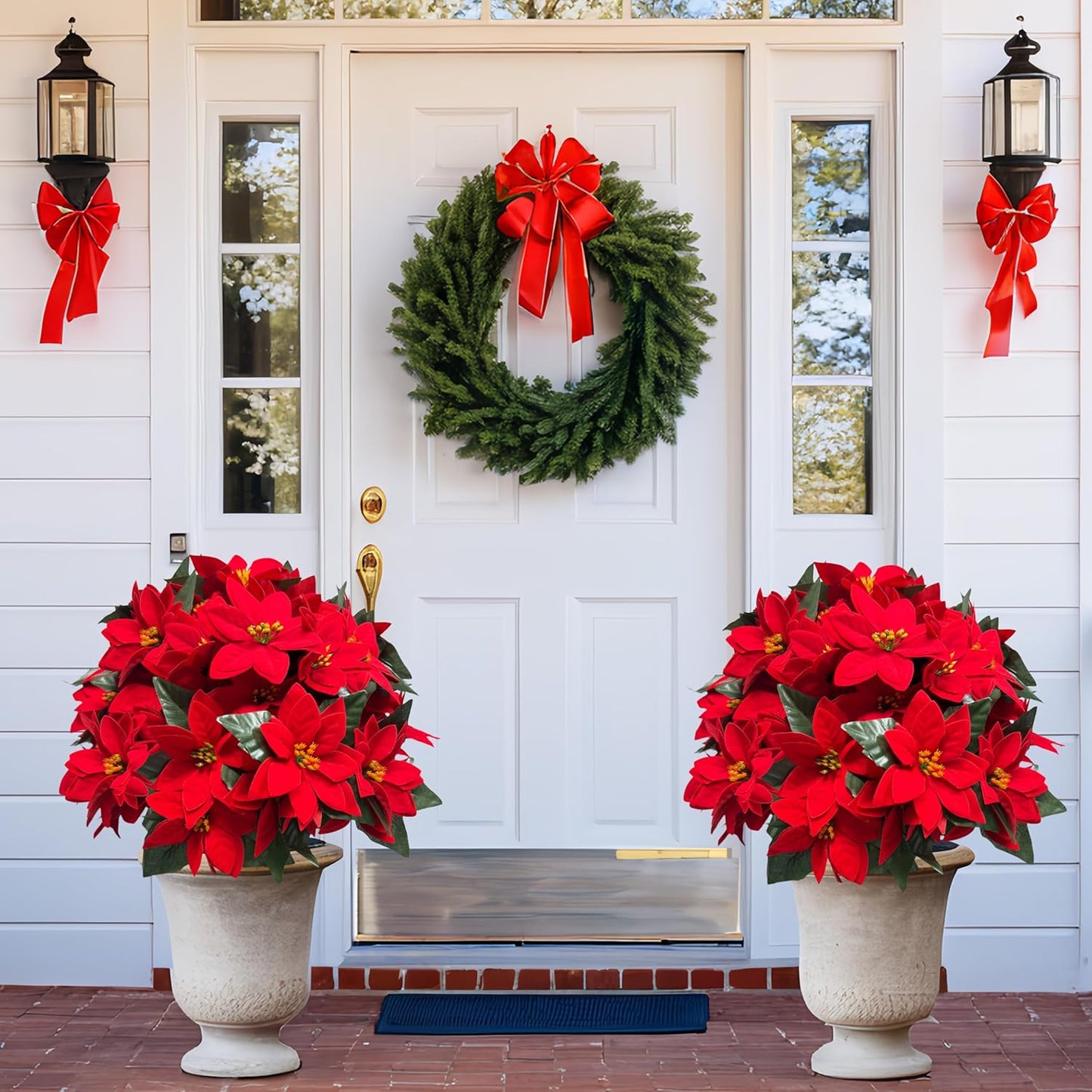 2 Pack 24.5-Inch Artificial Poinsettia Flowers with Ground Spike, Christmas Topiary Balls Trees, Faux Poinsettias Bush,Fake Poinsettia UV Realistic for Outdoor Porch Home Patio Christmas Decor