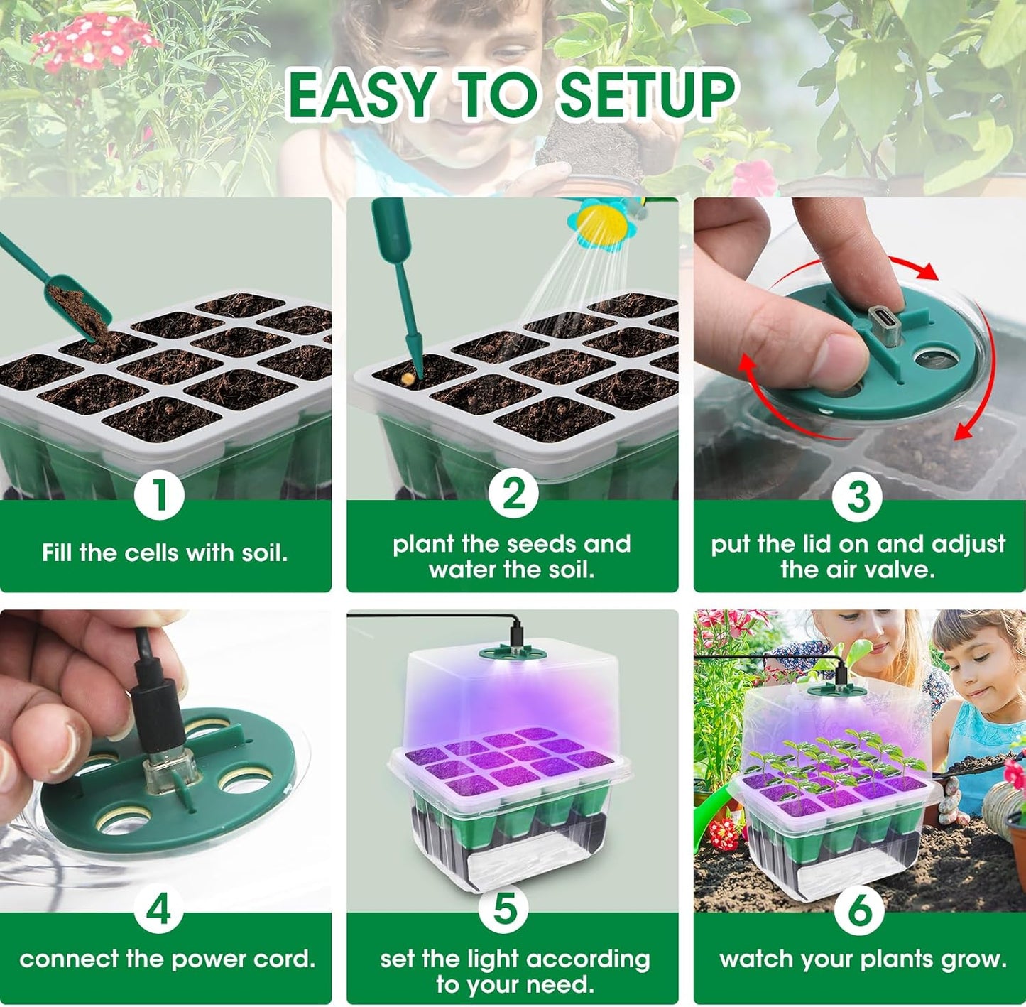 Seed Starter Tray with Grow Light,5 Pack 60 Cells Seedling Tray Kit Re