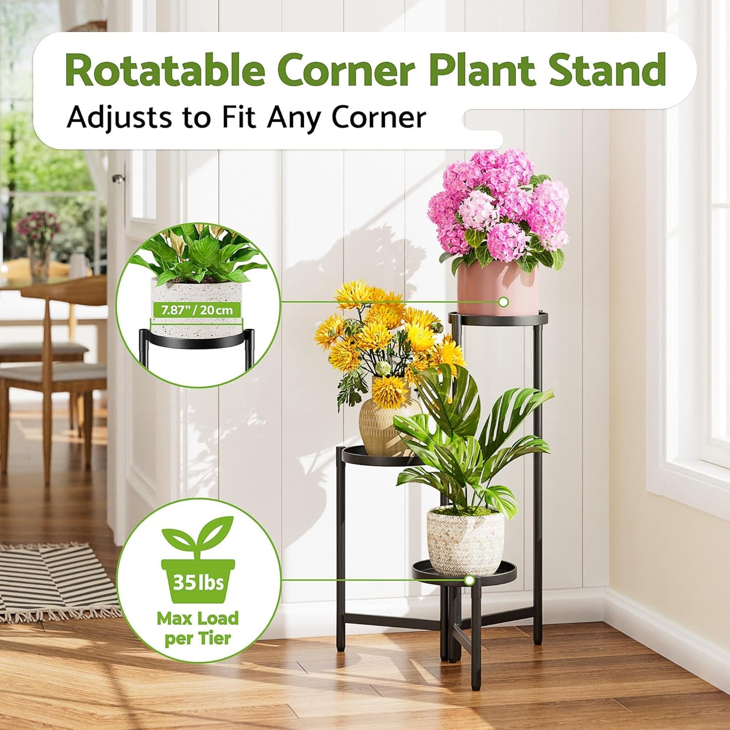 3 Tier Large Plant Stand Indoor with 7.9 Inch Wide Tray, Tiered Corner