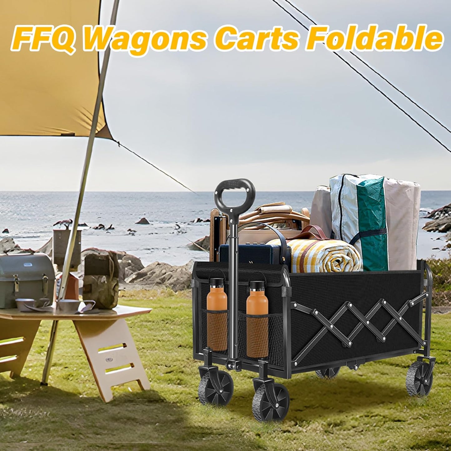 Collapsible Wagons Carts Foldable Wagon, Folding Wagon Cart with All-Terrain Wheels & 2 Cup Holders, Lightweight Portable Foldable Folding Wagons for Beach Camping Grocery Sports Garden, 360 LBS/Black