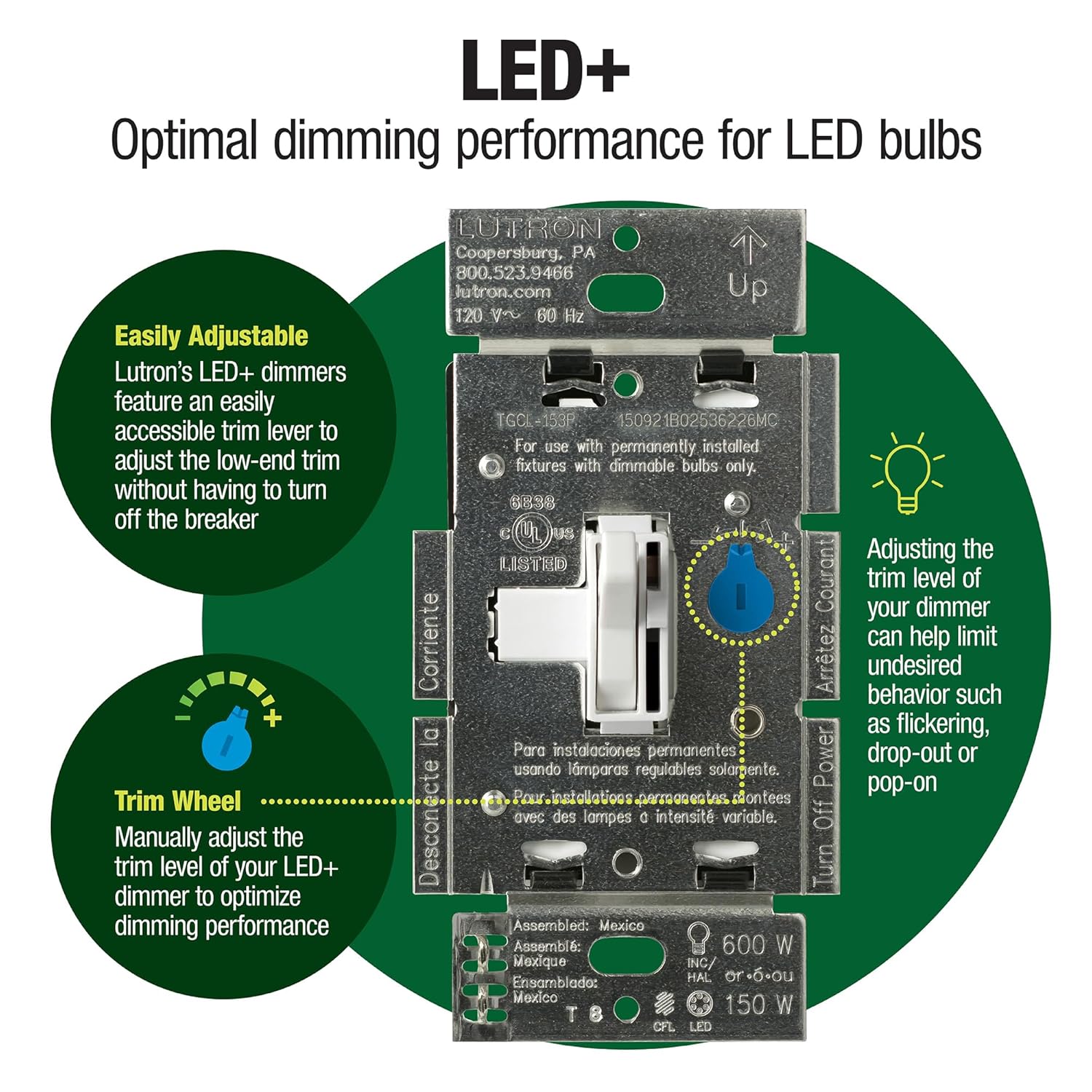 Lutron Ariadni/Toggler LED+ Dimmer Light Switch for Dimmable LED, Halo