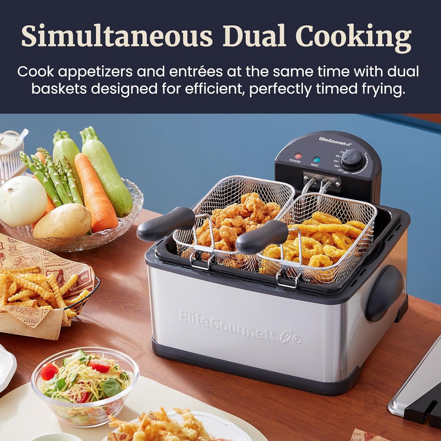 Elite Gourmet Electric Deep Fryer, 4.5 Qt Total Oil Capacity (Dual 2-Qt Split Baskets), 1700 Watts, Stainless Steel, Separates Foods for Simultaneous Cooking, Stainless Steel