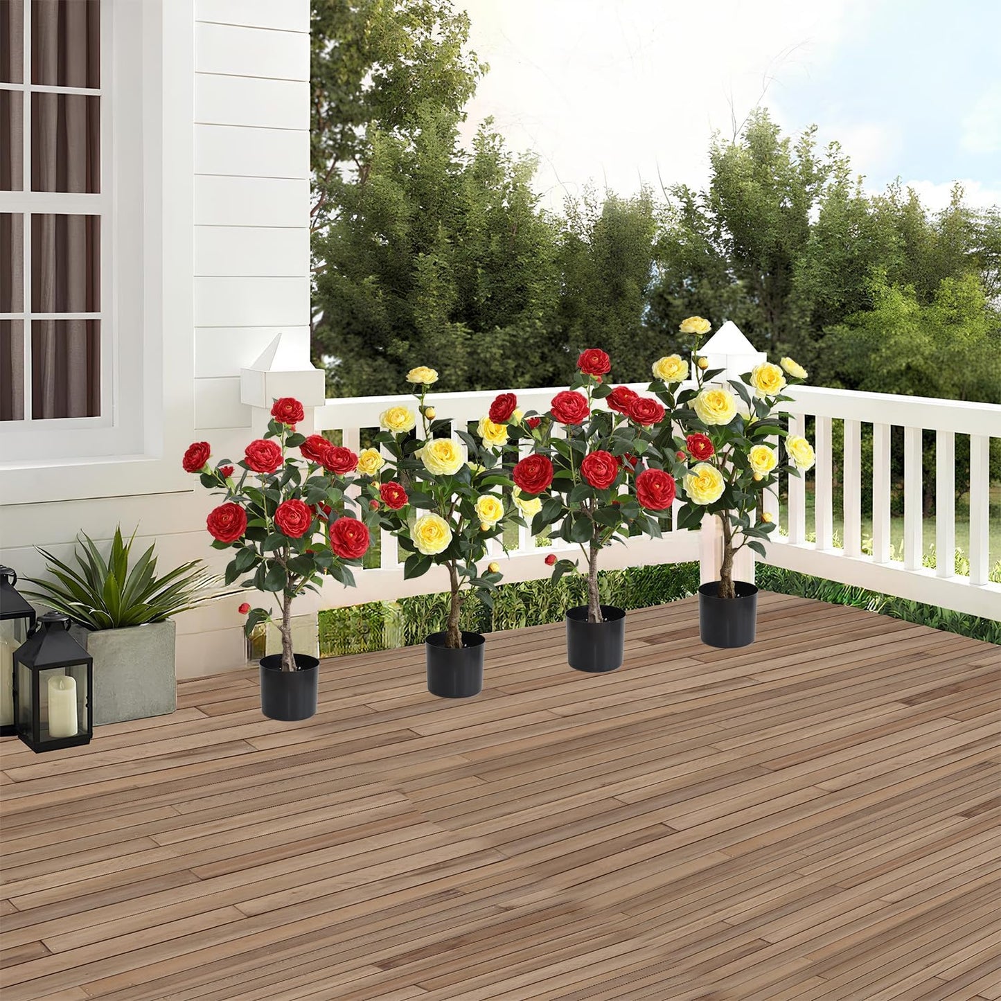 momoplant Artificial Camellia Tree 30 Inch Faux Flower Plant Set of 2 Fake Camellia Trees with 2 Black Pots Plant for Office Home Porch Outdoor Indoor Decor (Yellow&Red)