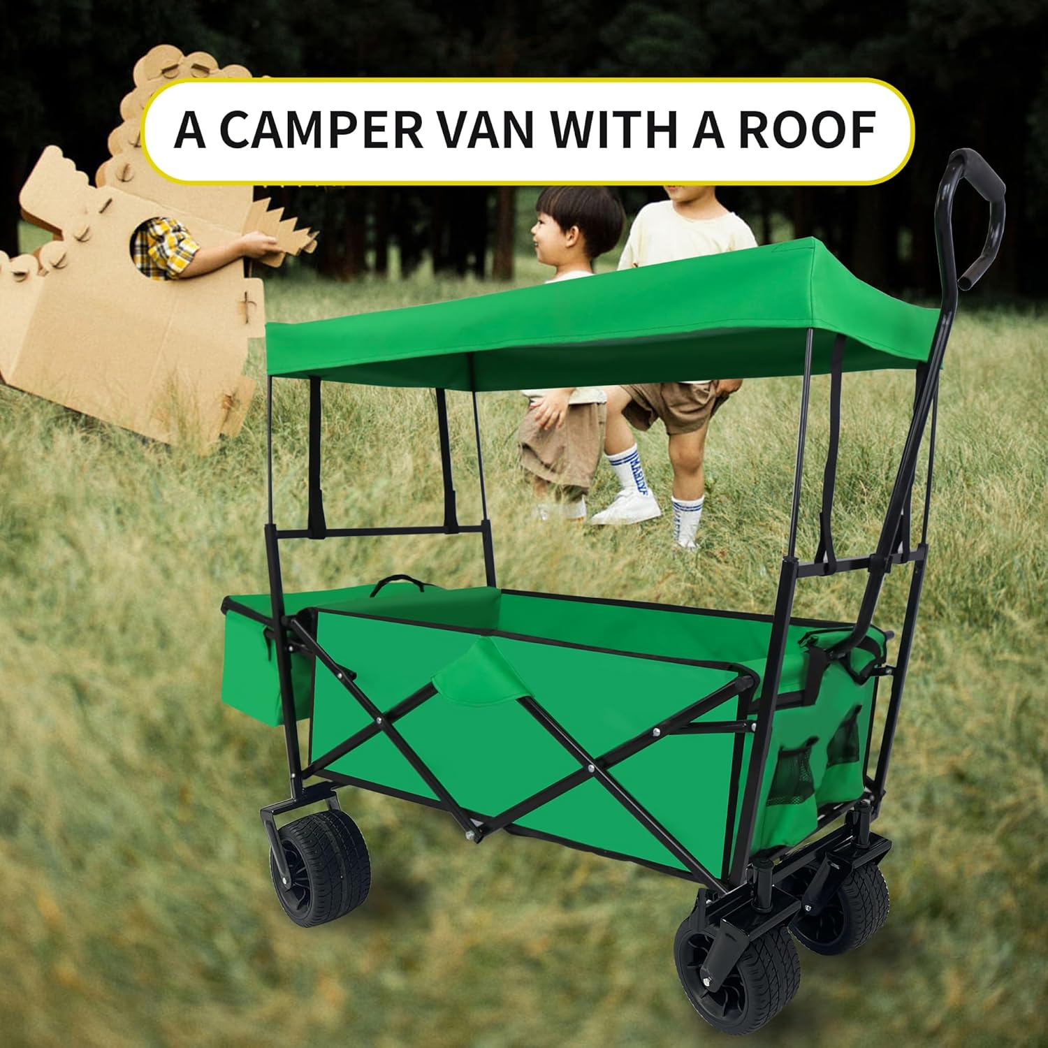 Outdoor Garden Park Wagon with Canopy and Pockets, Foldable Portable U