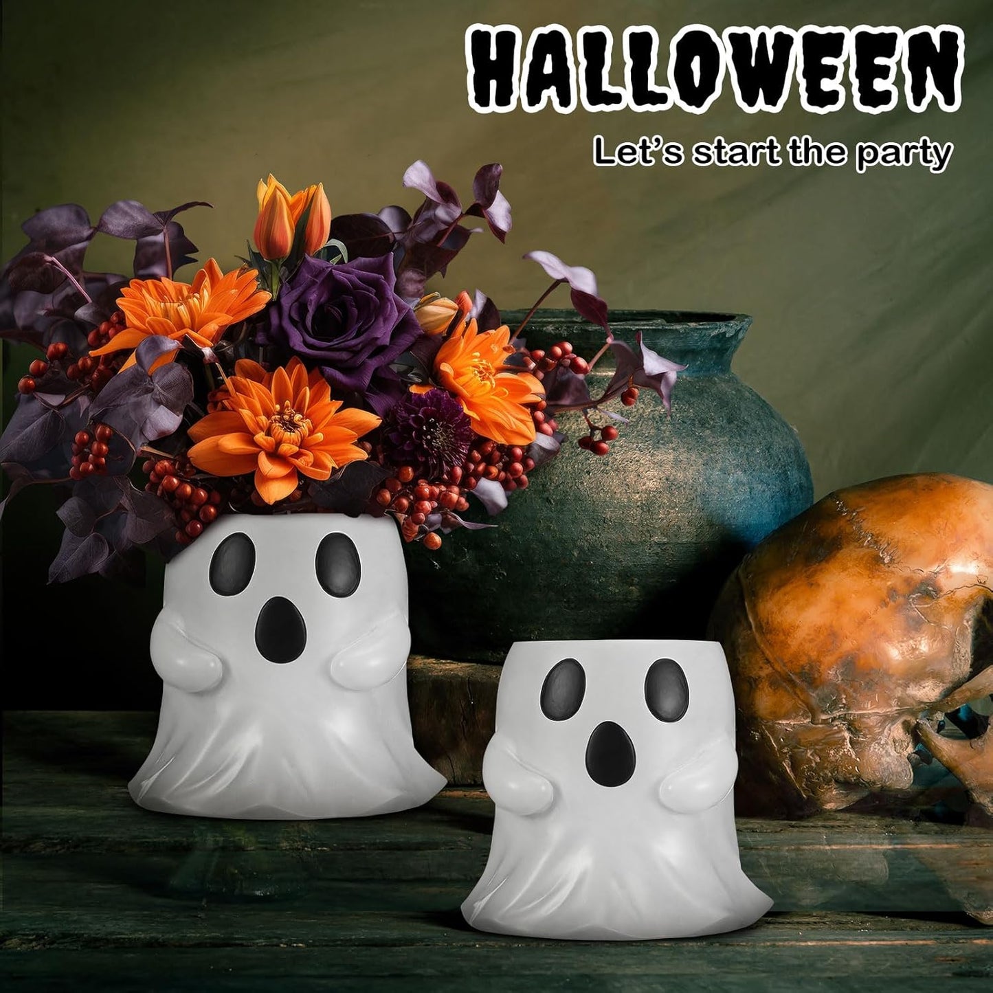 2 Pcs Ghost Bucket Decor 6 Inch Halloween Ghost Planter Vase Decor with Cute Design Candy Bucket Candy Bowl for Halloween Indoor Outdoor Home Display Stand Decoration